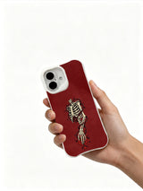 Burgundy thorn-wrapped skeletal hand and flowers on an iPhone 16 case