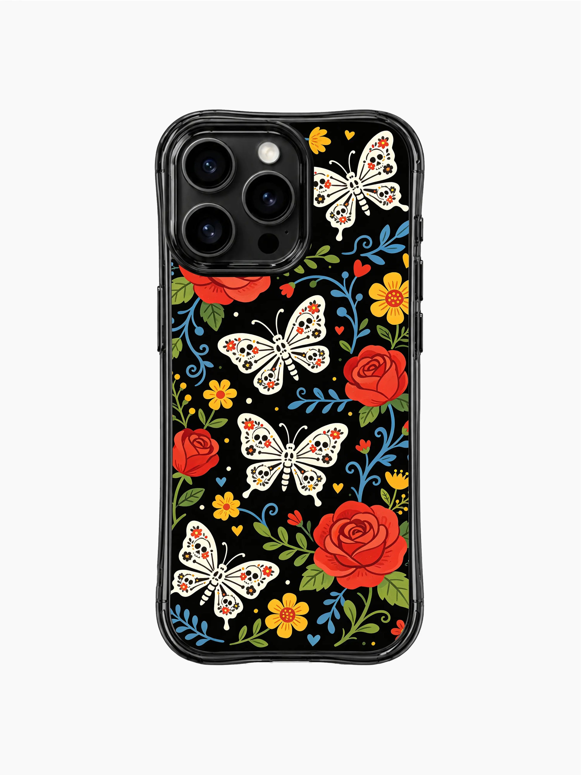 PhoneCasing iPhone 16 pro max Case with sugar skull butterflies, red roses, yellow flowers and small red hearts scattered across the design, set against a black background with blue vines, whimsical folk design for iPhone 16 pro max casing