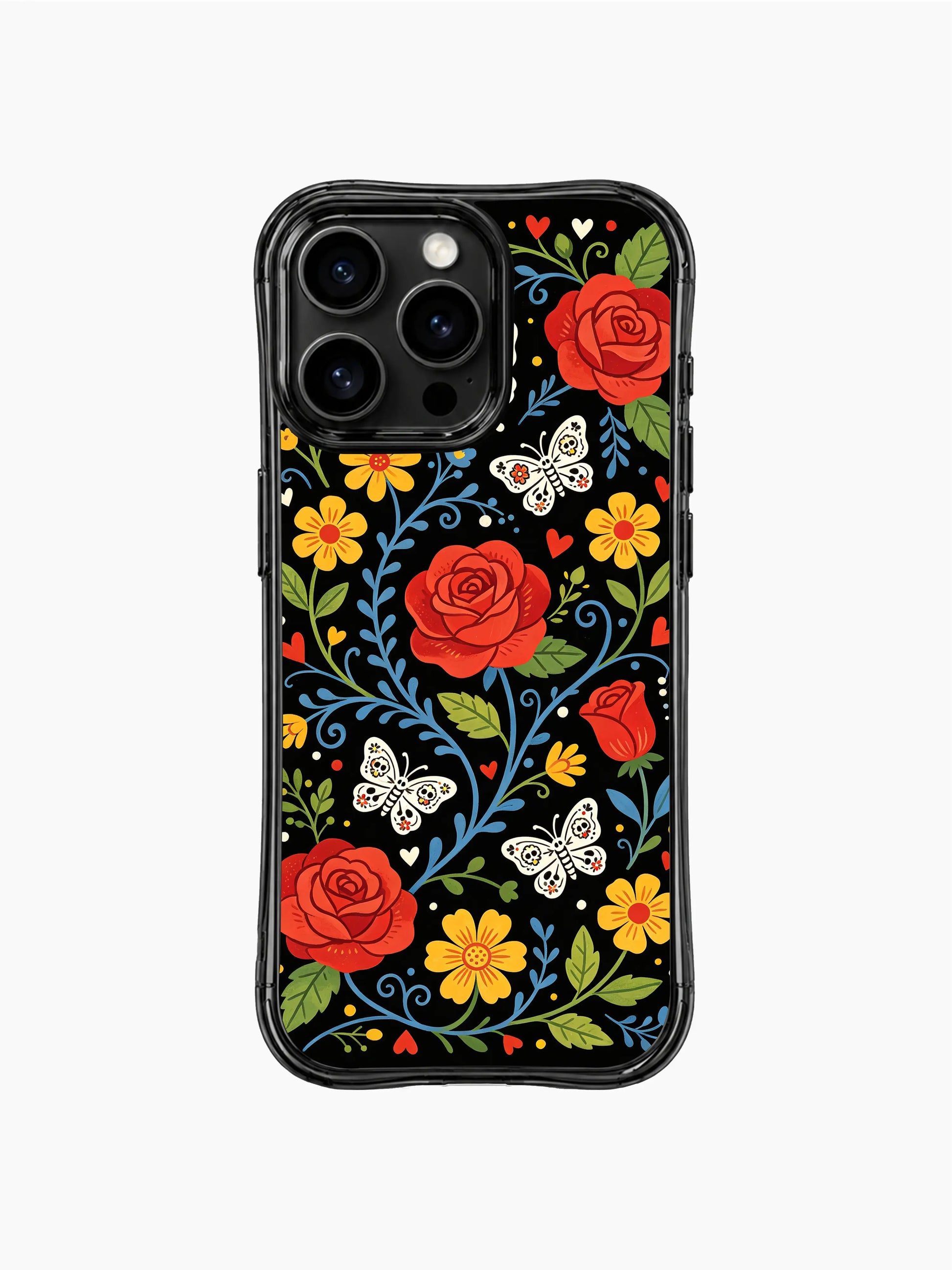 PhoneCasing iPhone 16 pro max Case featuring sugar skull butterflies fluttering among blooming red roses, with yellow flowers, green leaves and blue vines framing the design, folk art pattern on black iPhone 16 pro max casing.
