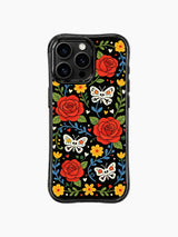 PhoneCasing iPhone 16 pro max Case with sugar skull butterflies perched on red rose branches, surrounded by yellow flowers, green leaves and blue scrollwork, whimsical Day of the Dead pattern on iPhone 16 pro max casing.