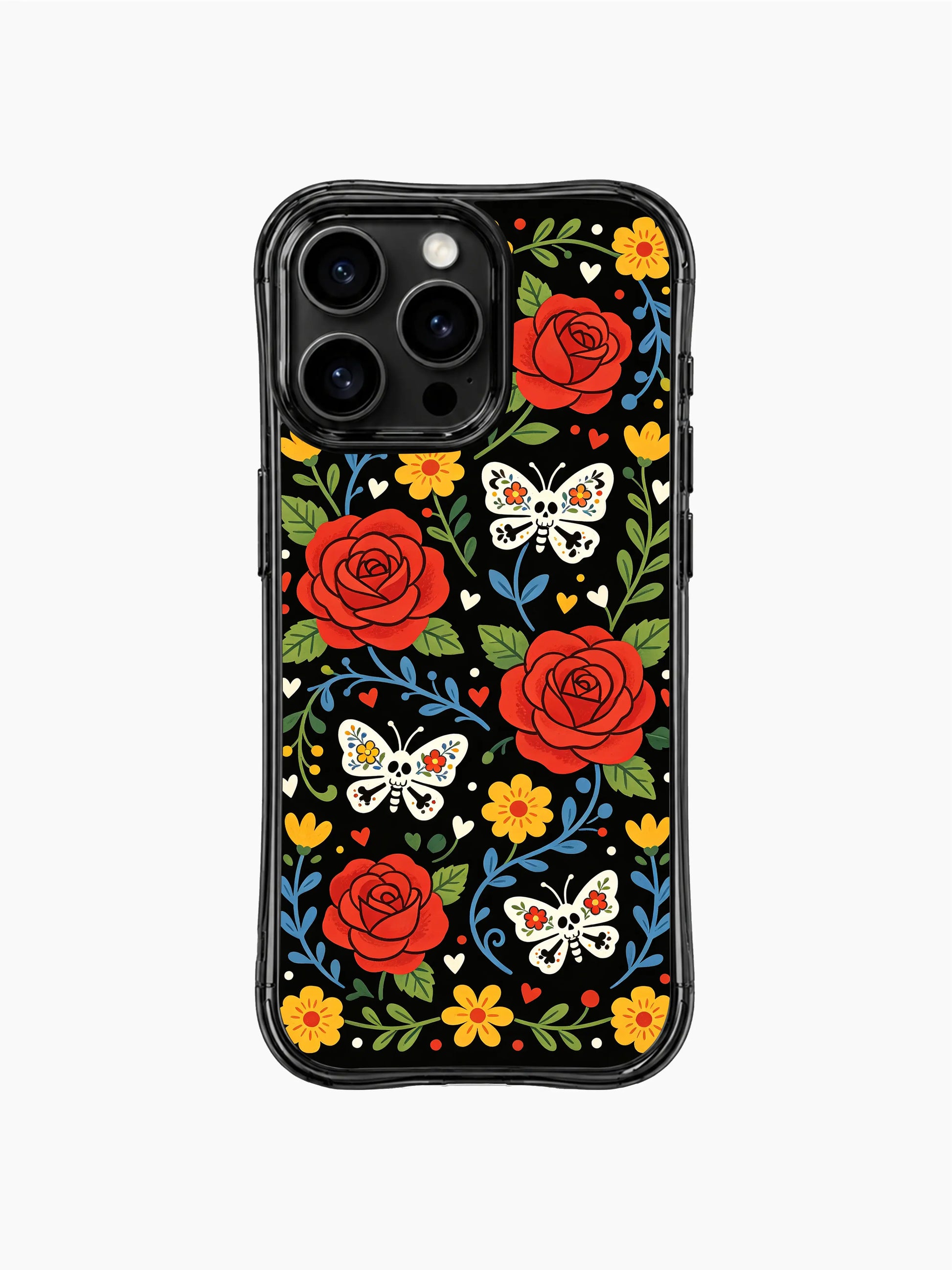PhoneCasing iPhone 16 pro max Case with sugar skull butterflies perched on red rose branches, surrounded by yellow flowers, green leaves and blue scrollwork, whimsical Day of the Dead pattern on iPhone 16 pro max casing.