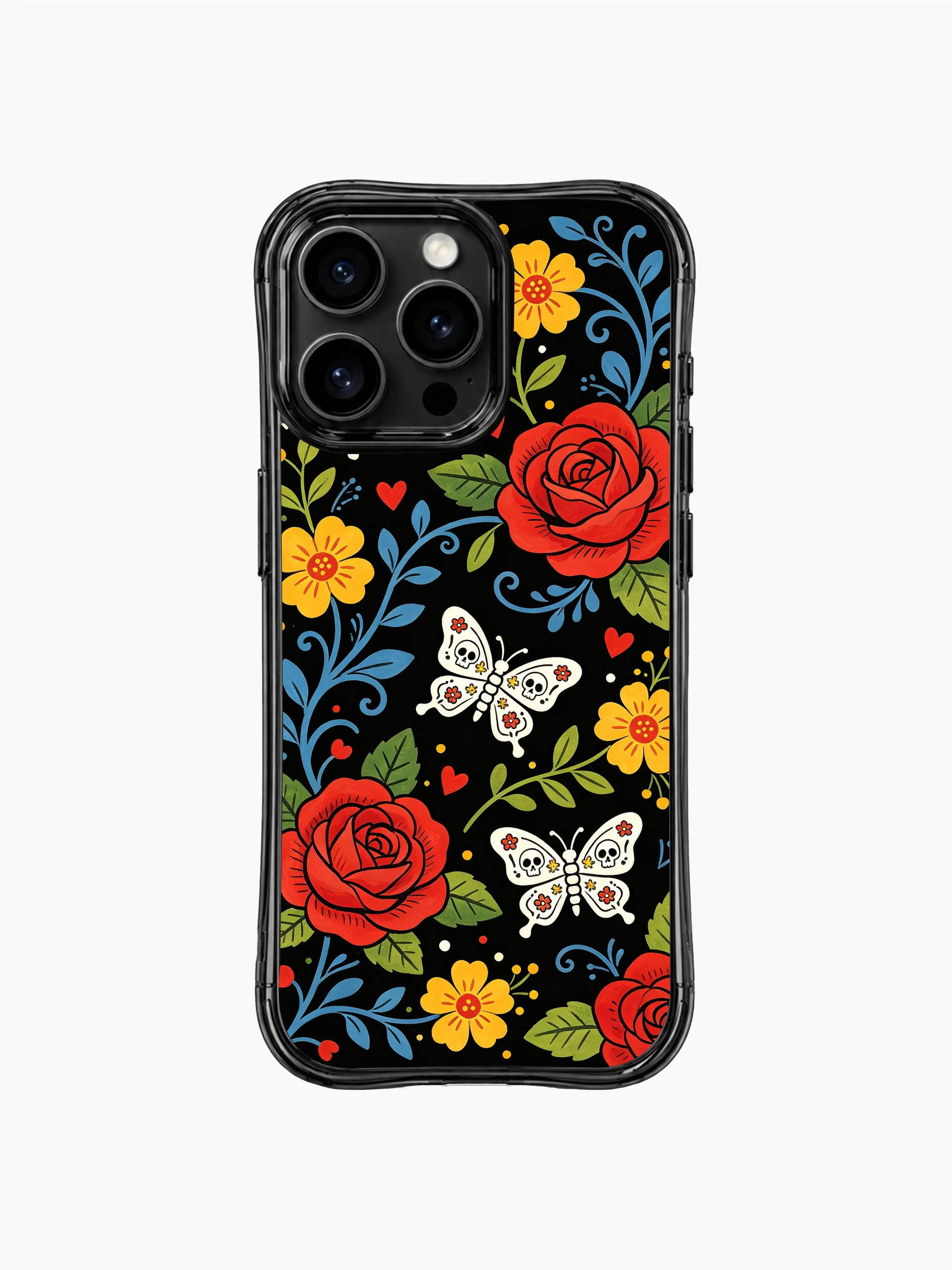 PhoneCasing iPhone 16 pro max Case featuring sugar skull butterflies with floral patterns on their wings, surrounded by red roses, yellow daisies and blue vines, folk art print on black iPhone 16 pro max casing.