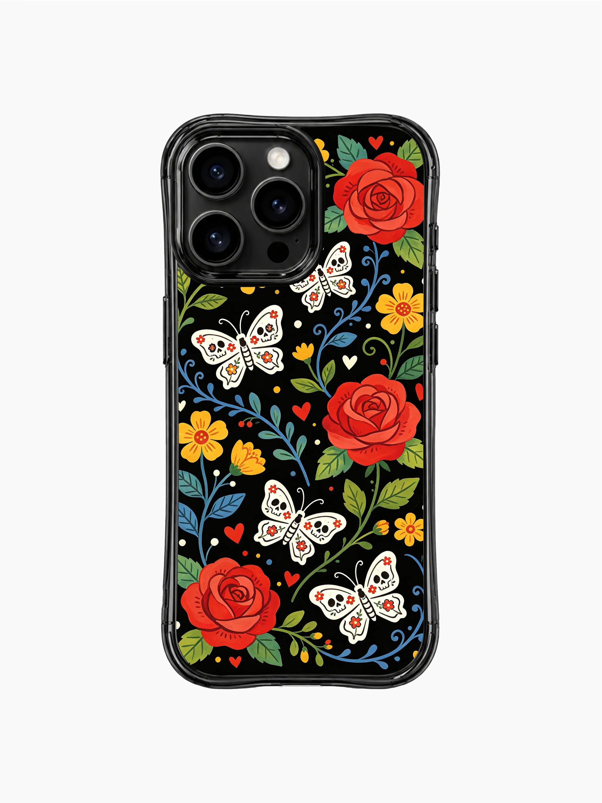 PhoneCasing iPhone 16 pro max Case featuring sugar skull butterflies with detailed floral skulls on their wings, surrounded by red roses, yellow blooms and green foliage, whimsical folk design for iPhone 16 pro max casing.