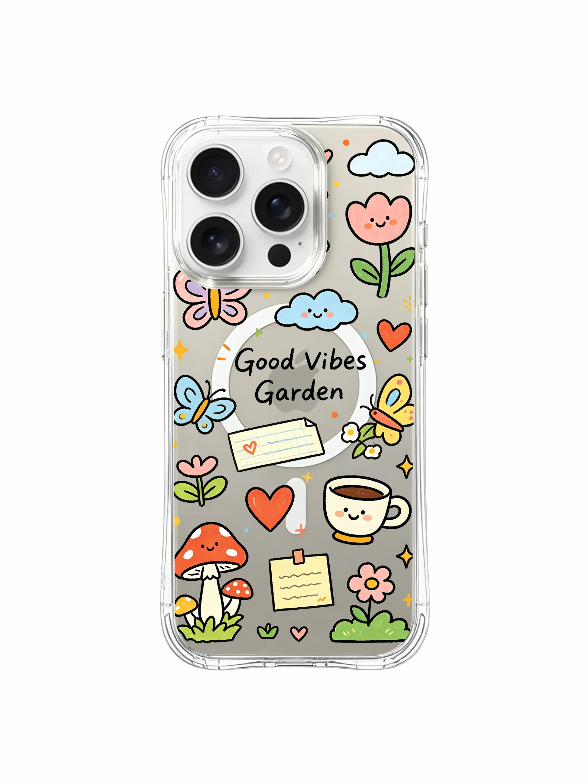 PhoneCasing iPhone 16 pro max scratch-resistant case with colorful butterfly and flower sticker collage design.