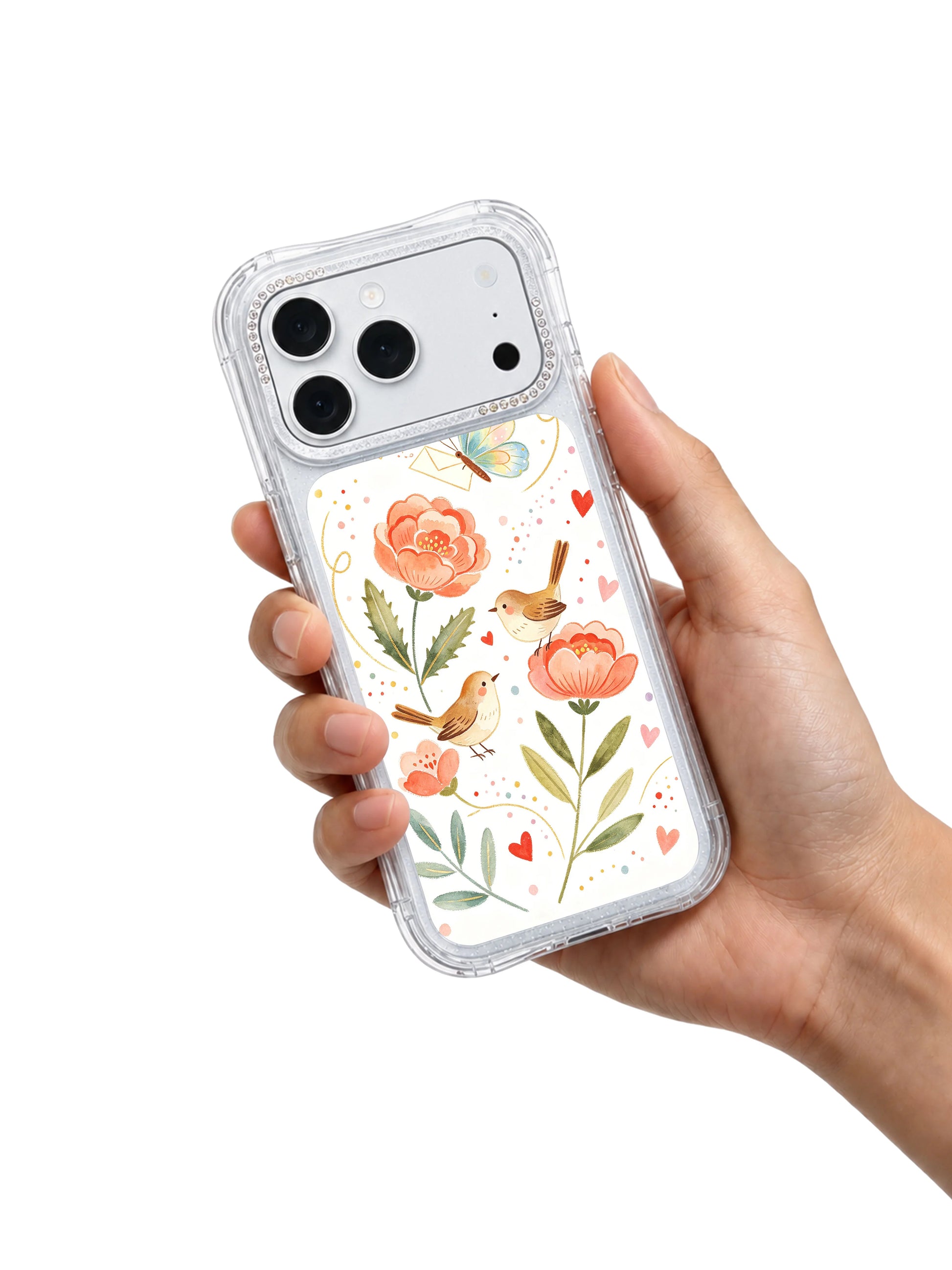 PhoneCasing charming folk garden art iphone 17 pro Max case from Aurelia Finch’s collection, whimsical butterfly, bird and heart motif design.