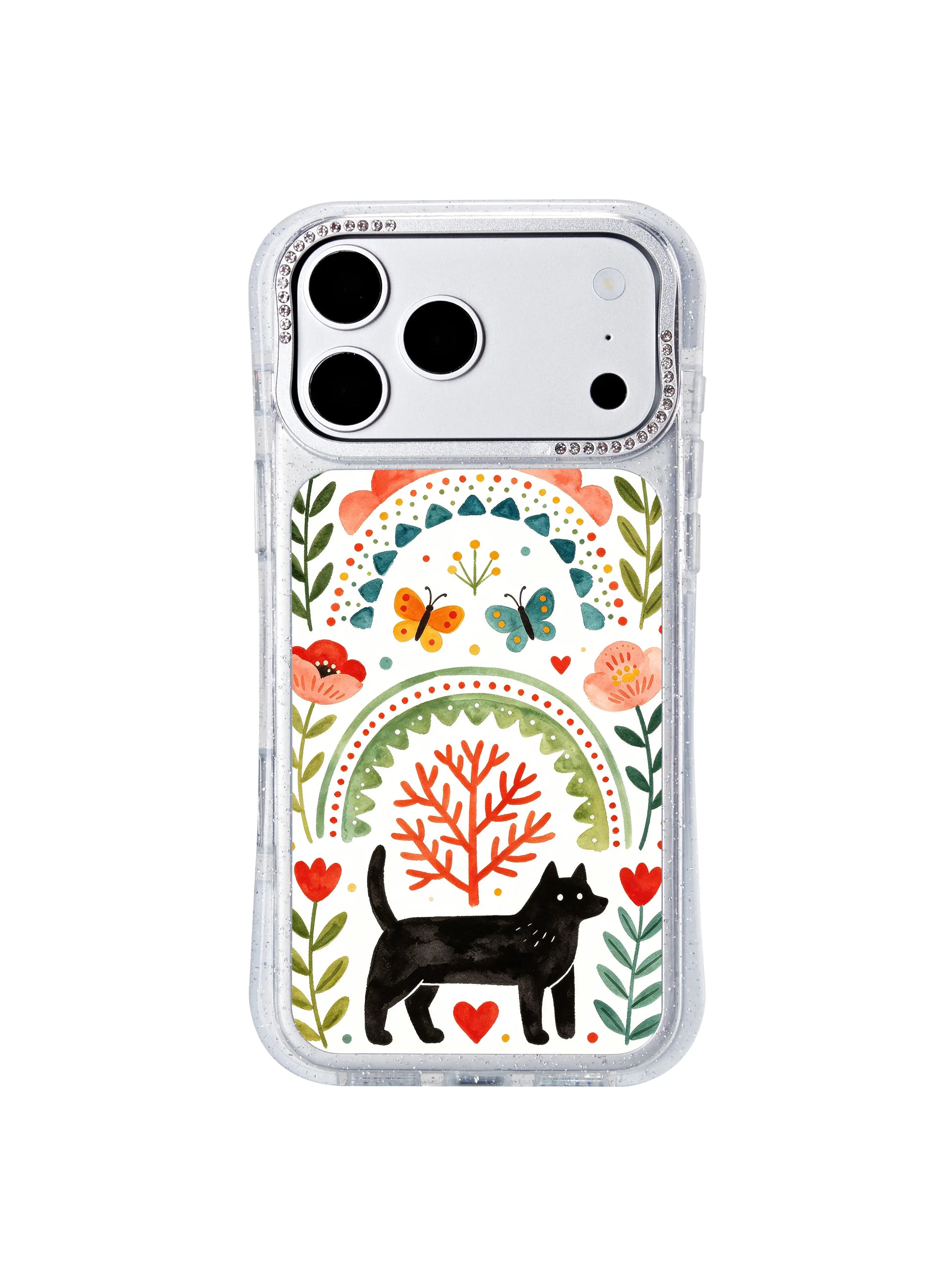 PhoneCasing warm uplifting vibe iphone 17 pro Max casing with butterfly wreath framing a rainbow arch, lush seasonal florals and paired cats symbolizing gentle life journeys.