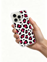 Side ergonomic profile shot of PhoneCasing California-made Berry Wild White leopard iPhone 14 Pro Case, slim wavy clear glossy frame, precision tailored triple camera cutout, manually inspected premium iPhone 14 Pro casing