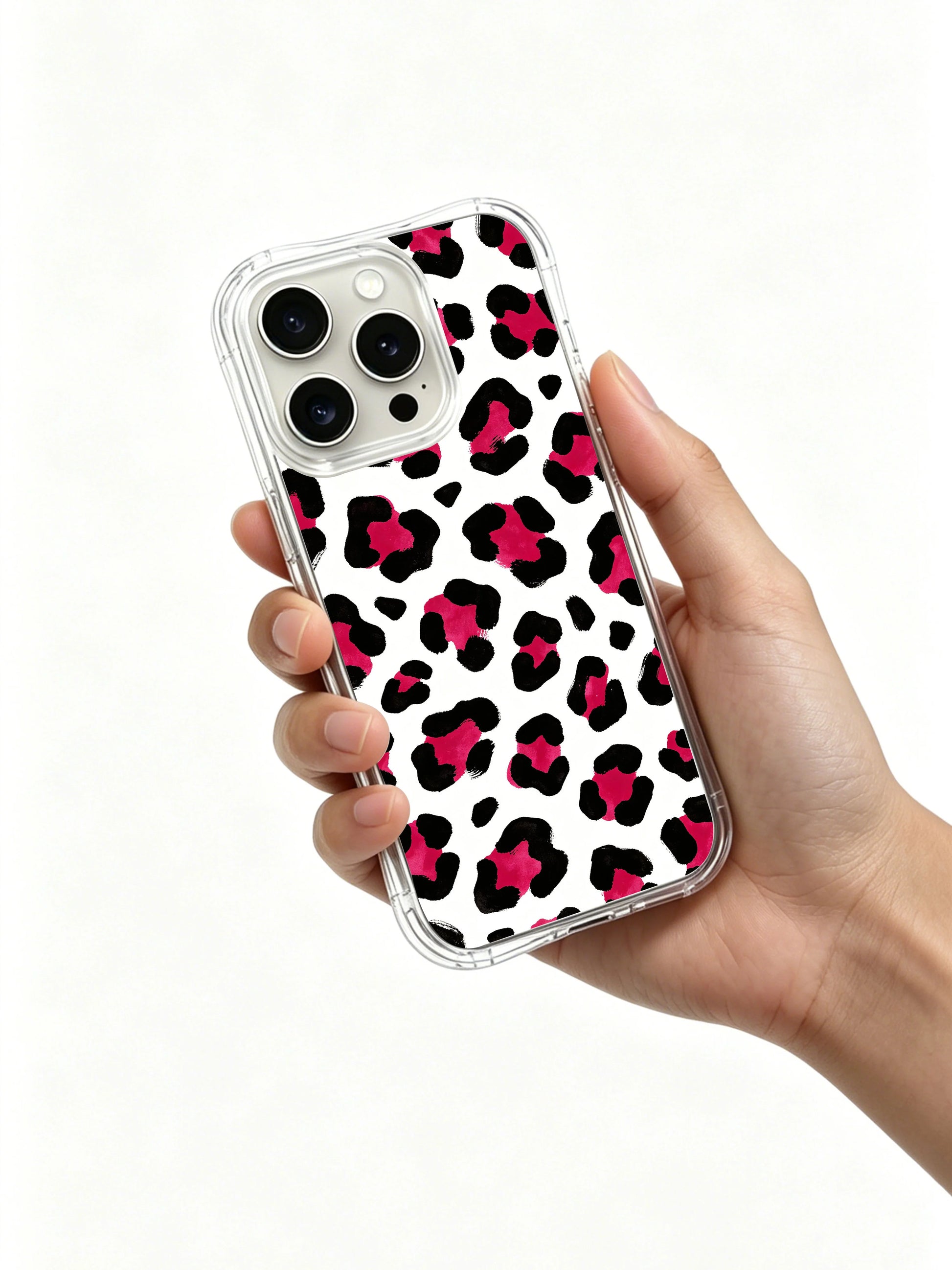 Side ergonomic profile shot of PhoneCasing California-made Berry Wild White leopard iPhone 14 Pro Case, slim wavy clear glossy frame, precision tailored triple camera cutout, manually inspected premium iPhone 14 Pro casing