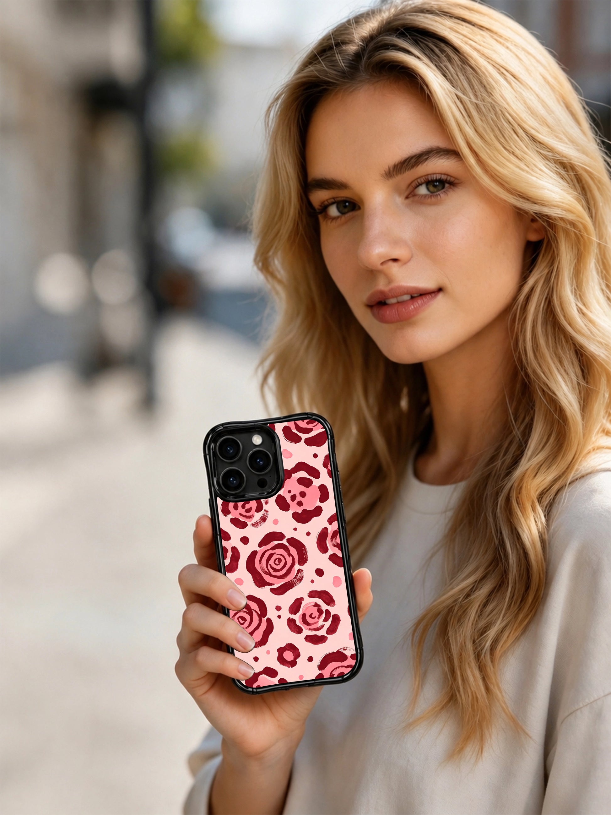 Side ergonomic profile shot of PhoneCasing California-made pink mist rose leopard iPhone 14 Pro Case, slim wavy black glossy frame, precision tailored triple camera cutout, manually inspected premium iPhone 14 Pro casing