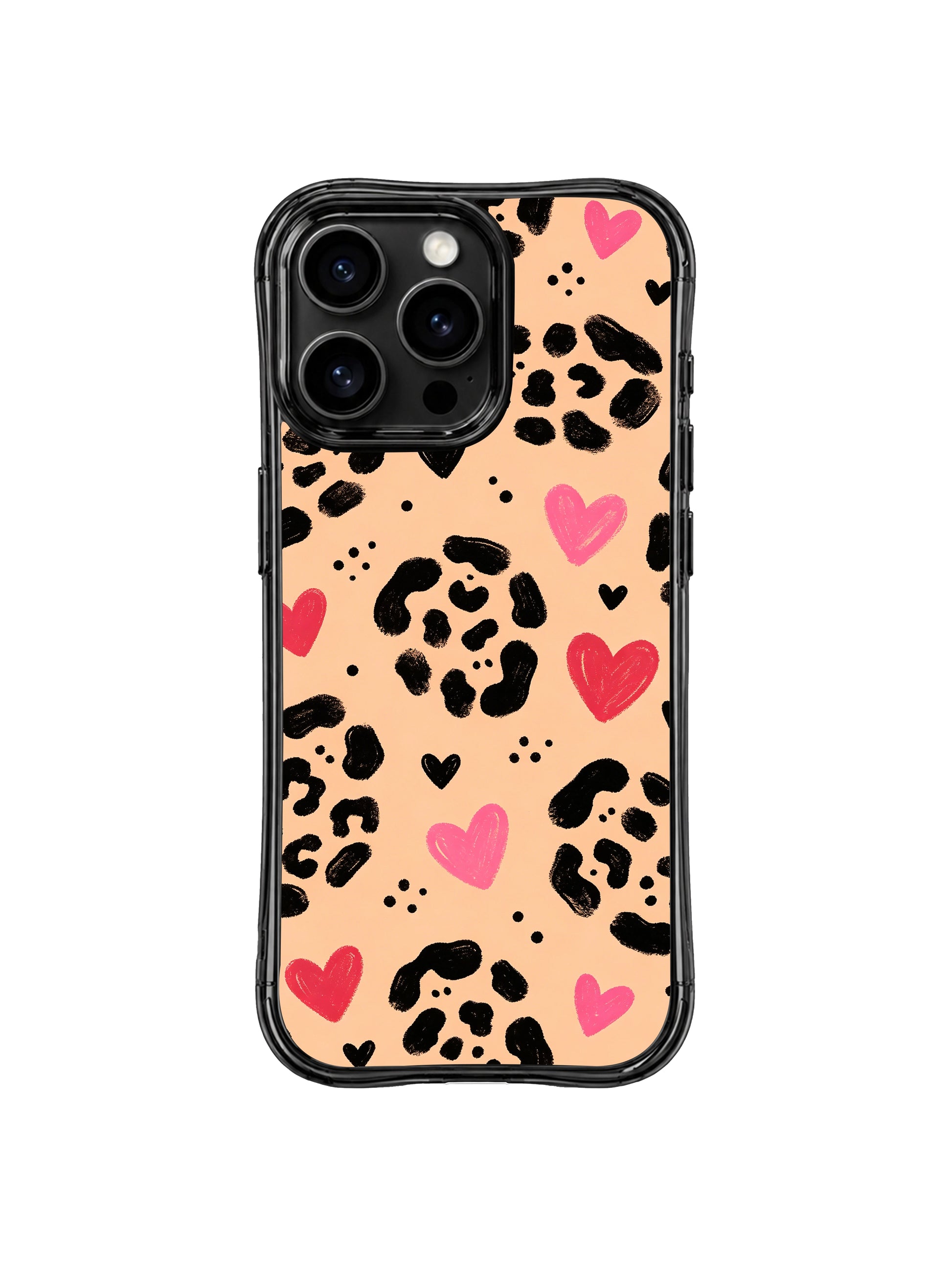 Side ergonomic profile shot of PhoneCasing California-made peach heart leopard iPhone 14 Pro Case, slim wavy black glossy frame, precision tailored triple camera cutout, manually inspected premium iPhone 14 Pro casing