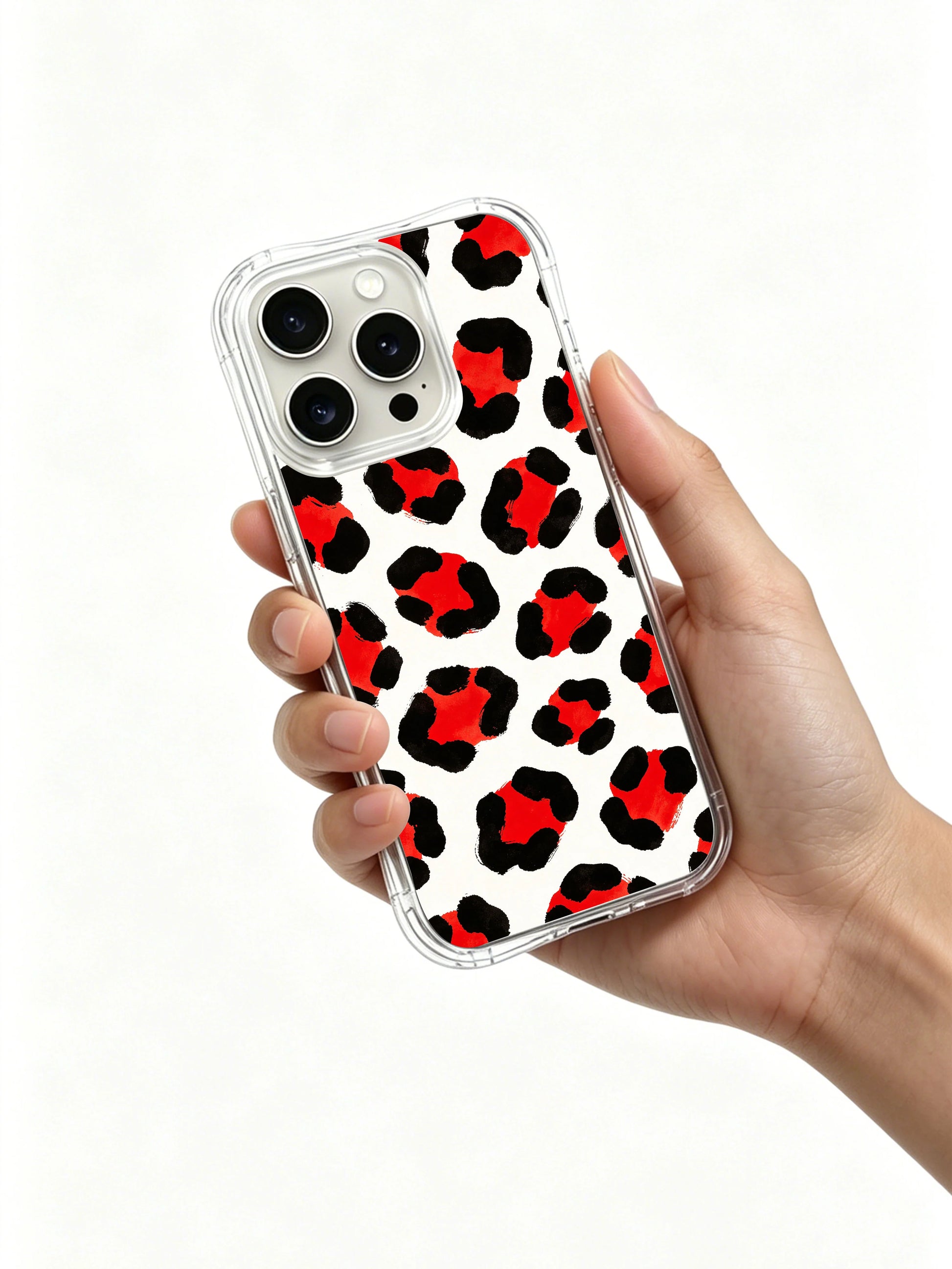 Side profile ergonomic view of PhoneCasing California-made red berry leopard iPhone 14 Pro Case, slim wavy edge frame, precision tailored triple camera cutout, manually inspected premium iPhone 14 Pro casing