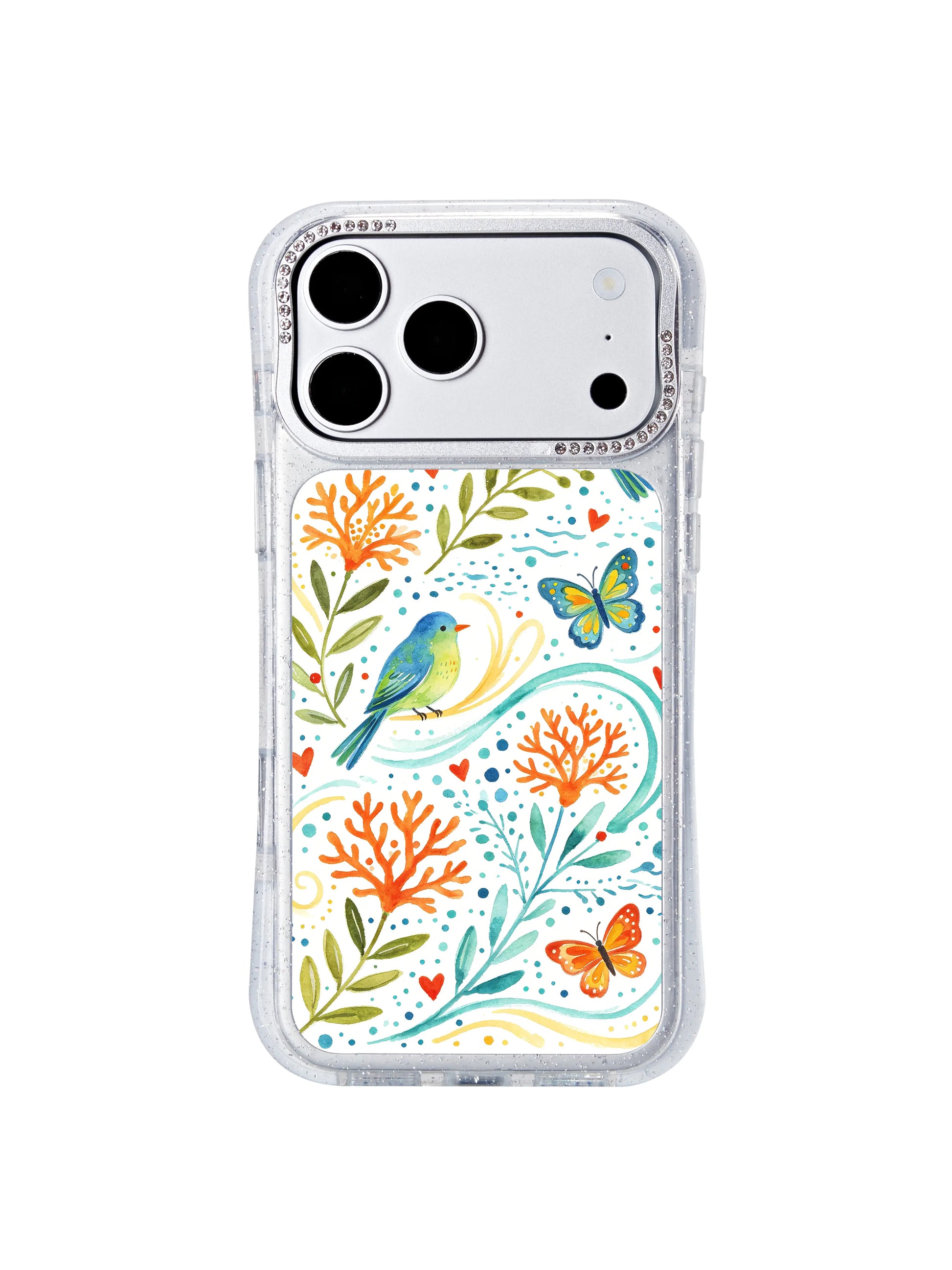 PhoneCasing locally California manufactured iphone 17 pro Max casing side profile, glitter-infused transparent shell, authentic hand-painted coastal dot garden illustration with consistent long-lasting color saturation.