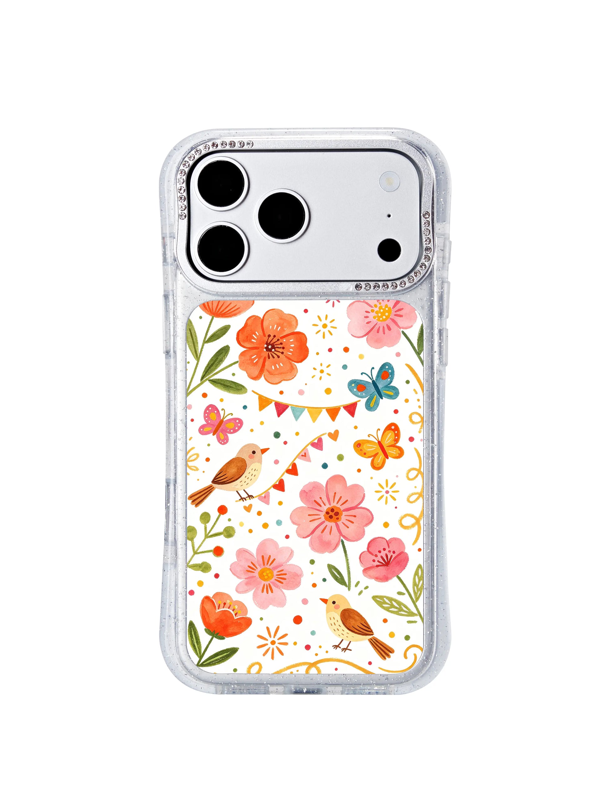 PhoneCasing locally California manufactured iphone 17 pro Max casing side profile, glitter-infused transparent shell, authentic hand-painted White Garden Celebration illustration with consistent long-lasting color saturation.