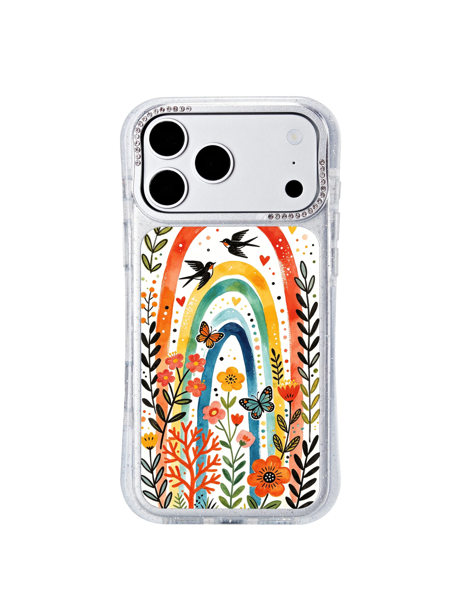 PhoneCasing locally California-produced iphone 17 pro Max casing side profile, glitter-infused transparent shell, authentic Aurelia Finch hand-drawn arch garden artwork with long-lasting color consistency across the full series.