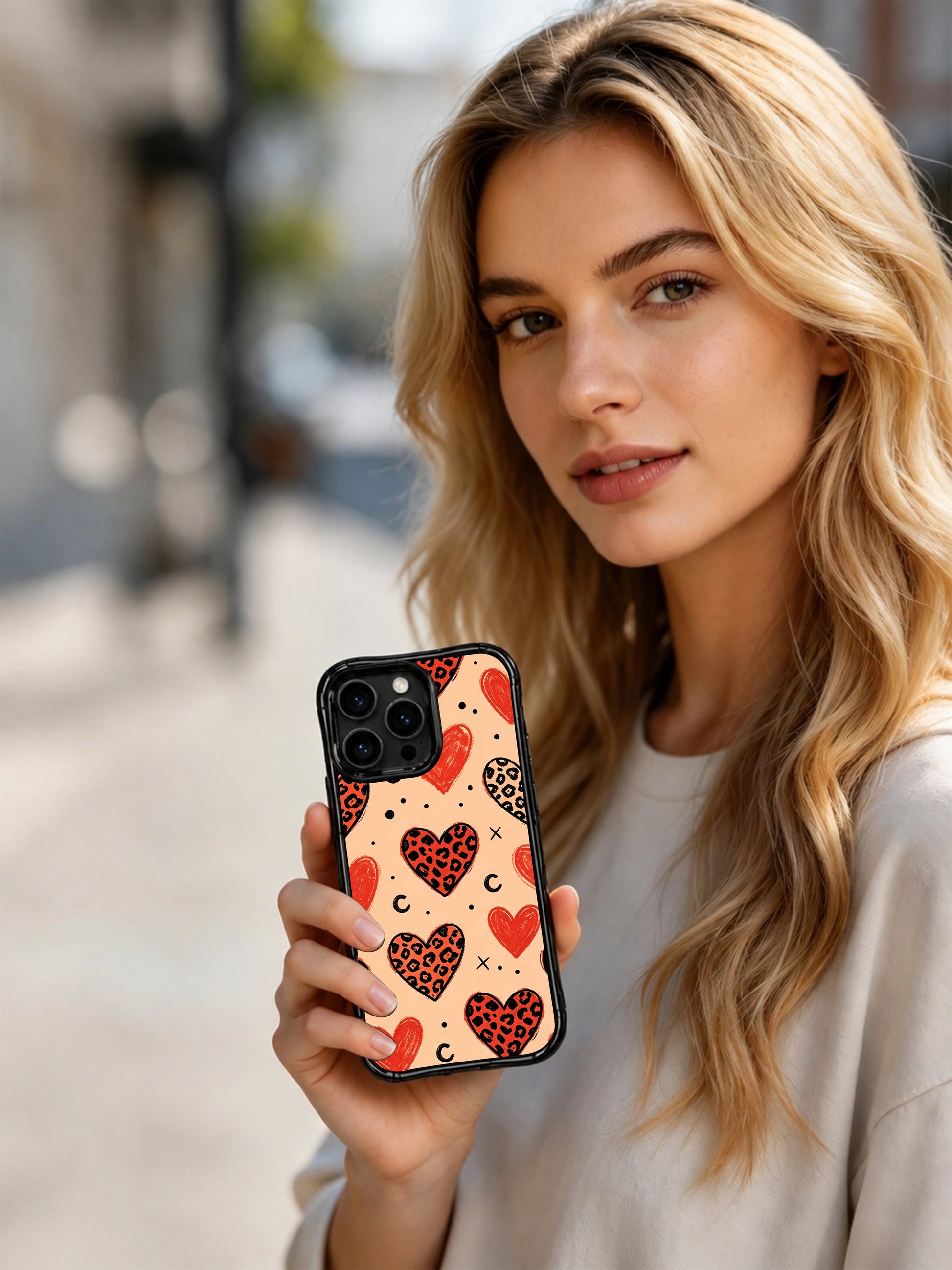 Side profile of PhoneCasing California-made peach leopard heart iPhone 14 Pro Case, slim ergonomic wave frame with precise iPhone 14 Pro camera cutout, hand-inspected local production