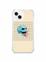 Cyan Rebellion: A compact faceted skull centered on a square grid, with the tongue extending down-right.