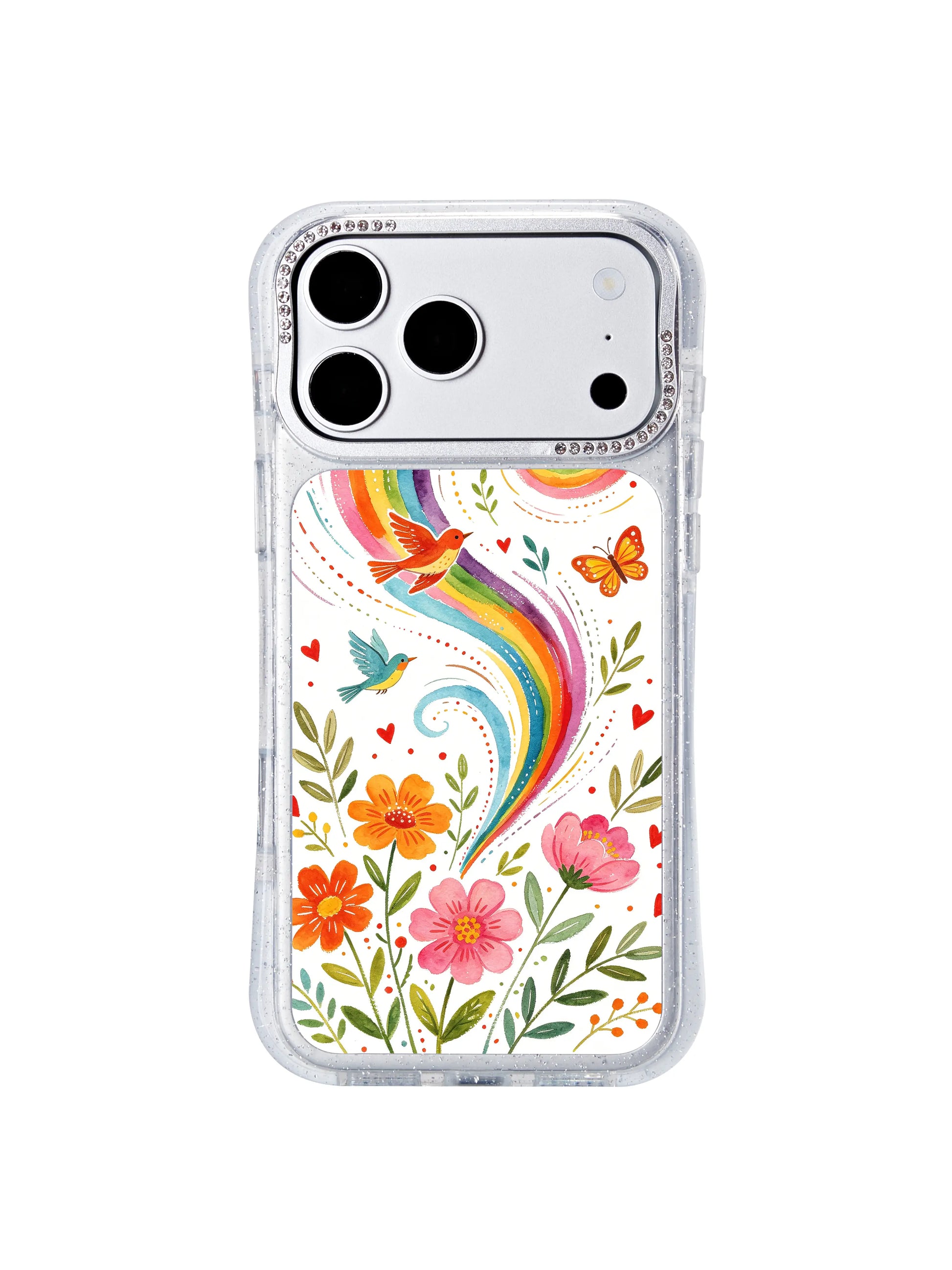 PhoneCasing California-produced iphone 17 pro Max casing side view, glitter-infused transparent shell, authentic hand-drawn wind spiral garden illustration with consistent color fidelity.