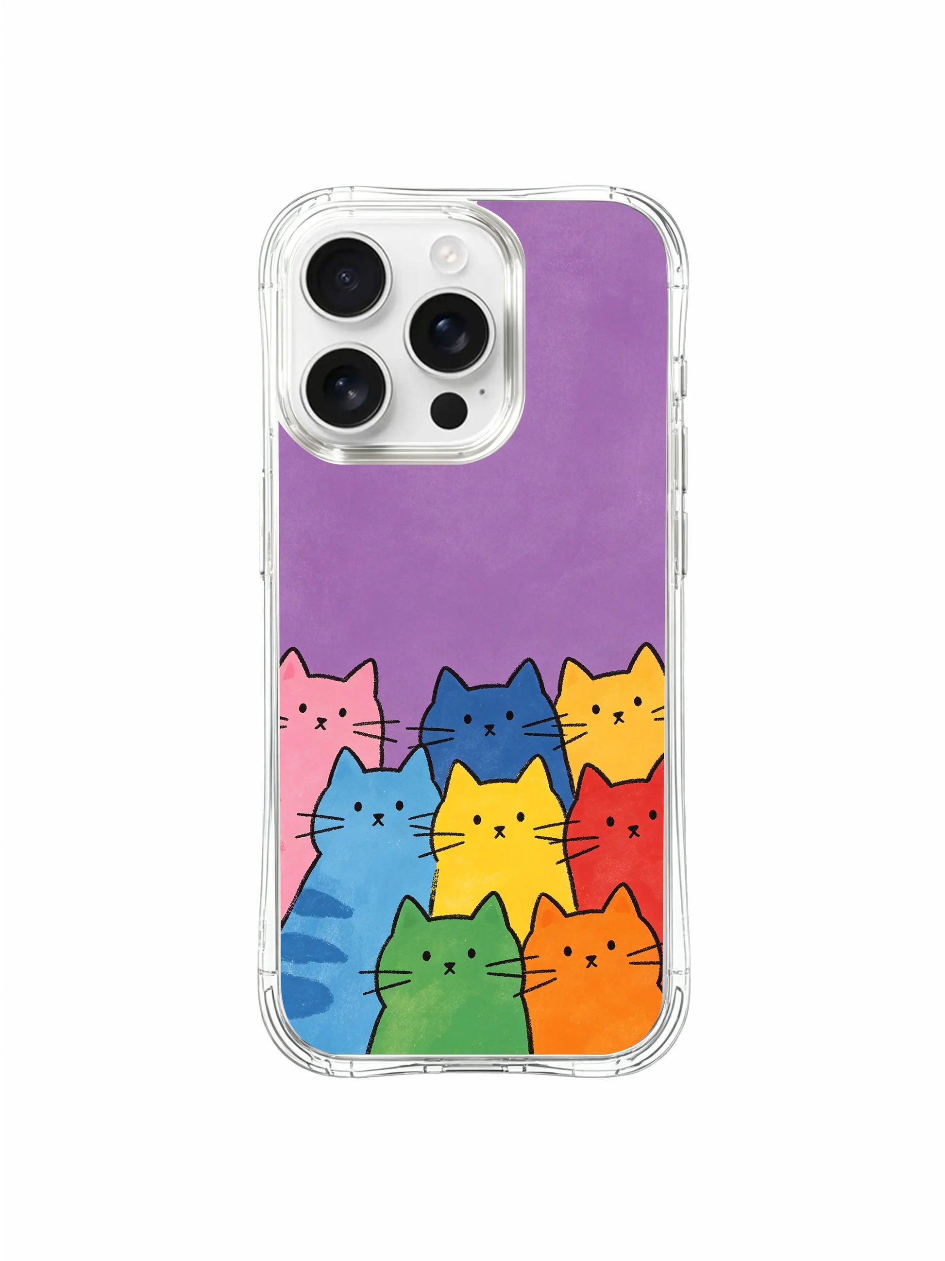 PhoneCasing iPhone 16 Pro Max featuring Calm Kitty Crew by Mimi Colorfield, a quiet yet lively group of cats under a purple sky.