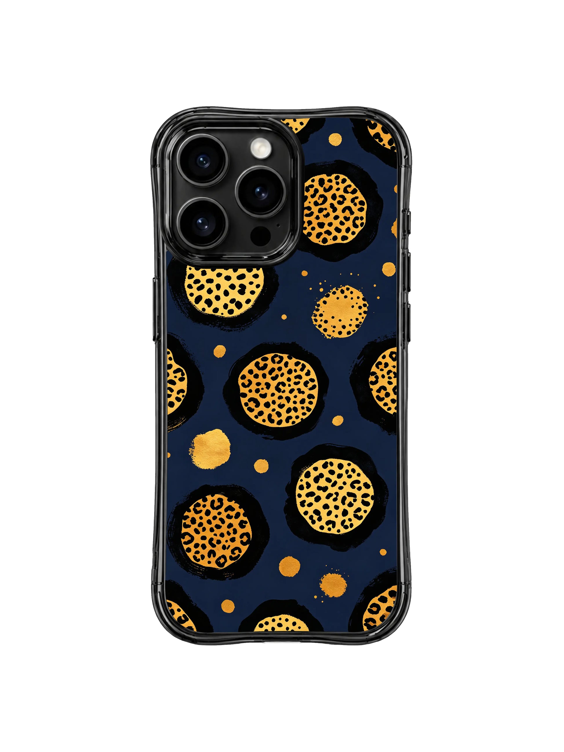 Serene sophisticated midnight golden drift leopard iPhone 14 Pro Case from PhoneCasing, quiet luxury wild art gift for watercolor illustration and minimalist luxe style lovers, original hand sketched pattern created by Roxy Wildhart