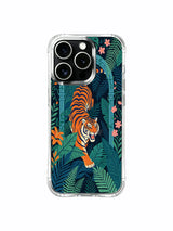 Confident laid-back wild tiger navigating fully bloomed flower-lined tropical green palace iPhone 13 pro Case from PhoneCasing, four-corner cushioned iPhone 13 pro casing, courage & adventure themed limited art phone cover.