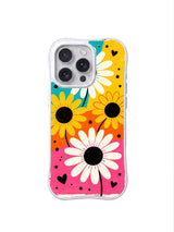 PhoneCasing iPhone 16 pro Case with full-bleed layered candy block daisy and dot heart layout, Ruby Daze bold upbeat pop design, slim lightweight wavy premium case.