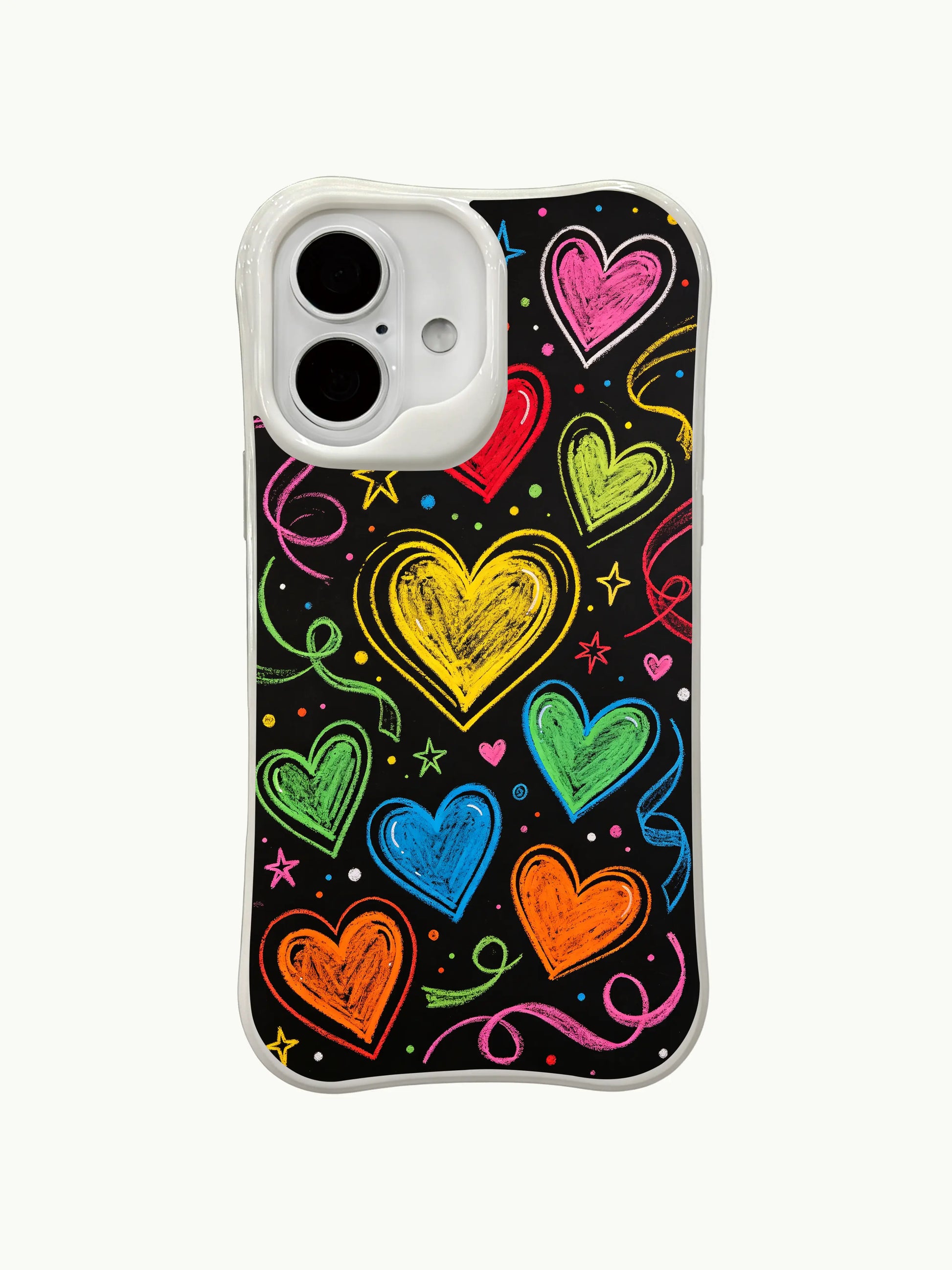 PhoneCasing Candy Chalkboard Hearts Case for iPhone 16 Plus, a fun iPhone 16 plus casing with neon hearts and black chalkboard background.