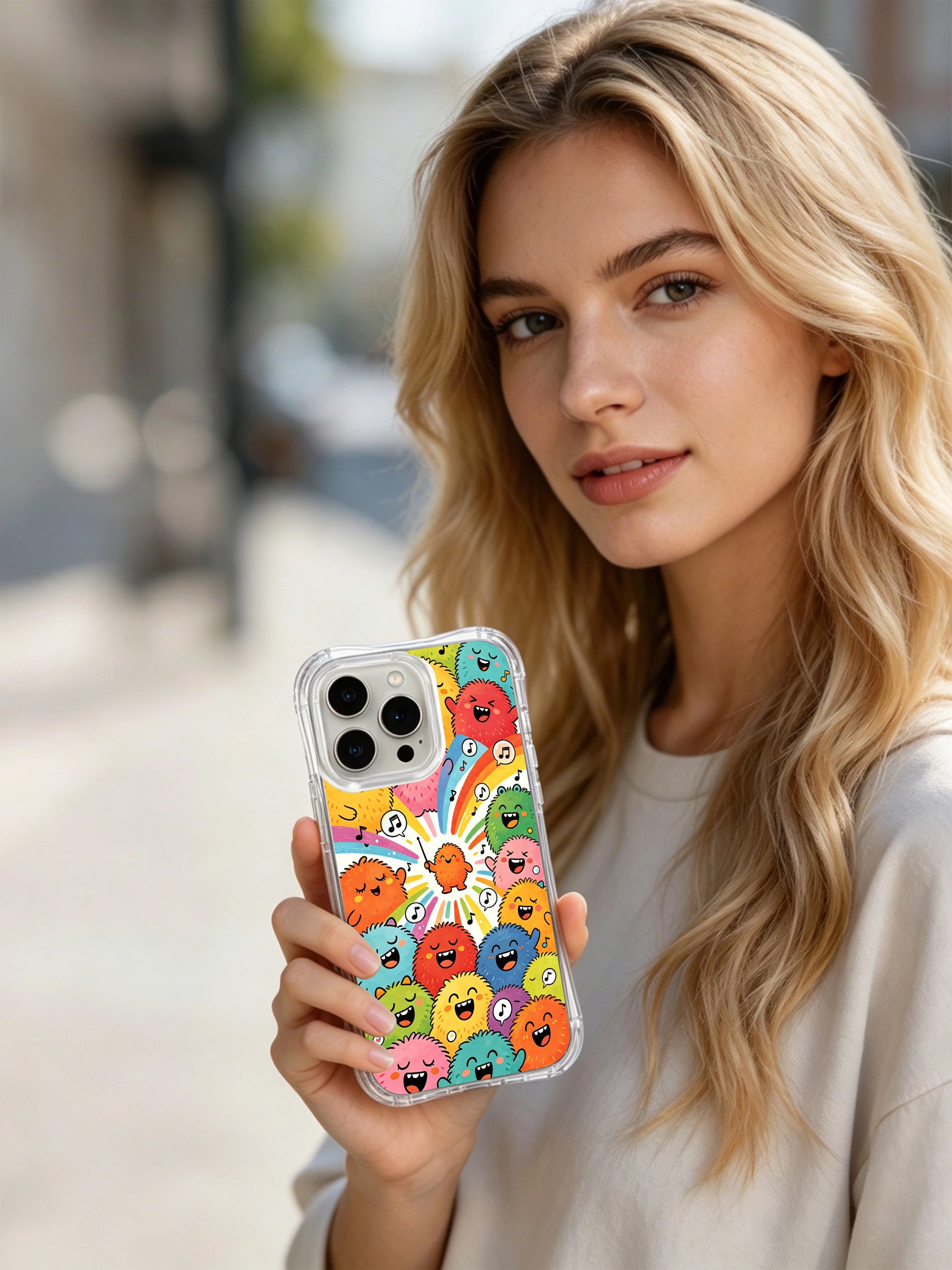 PhoneCasing iPhone 16 Pro Case with candy-color fluffy monster art, exclusive Milo Yun design, fade-resistant premium phone protection.