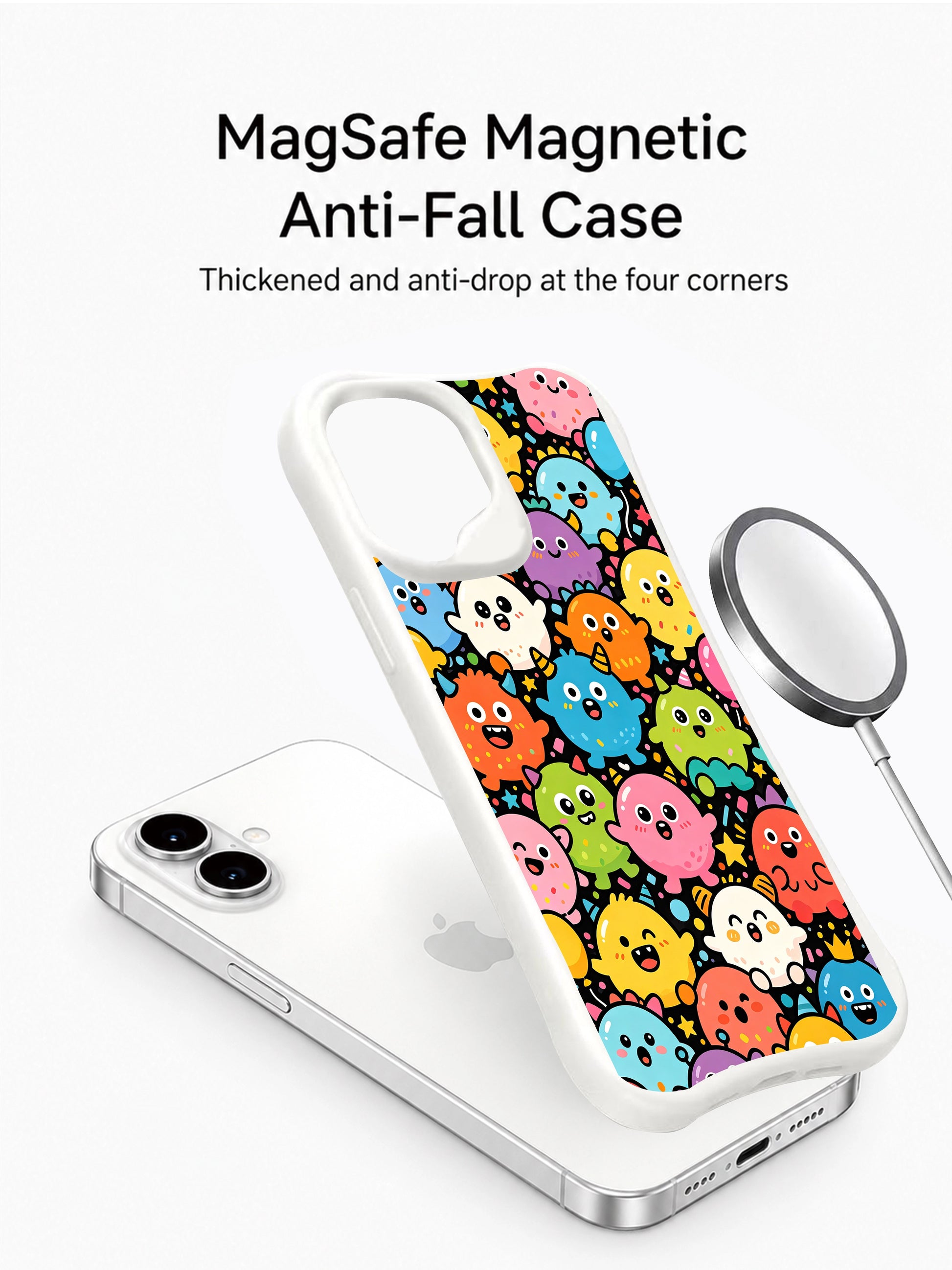 PhoneCasing playful candy color iPhone 16 Plus Case, packed with joyful monster characters from Milo Yun’s Candy Monster Parade design.