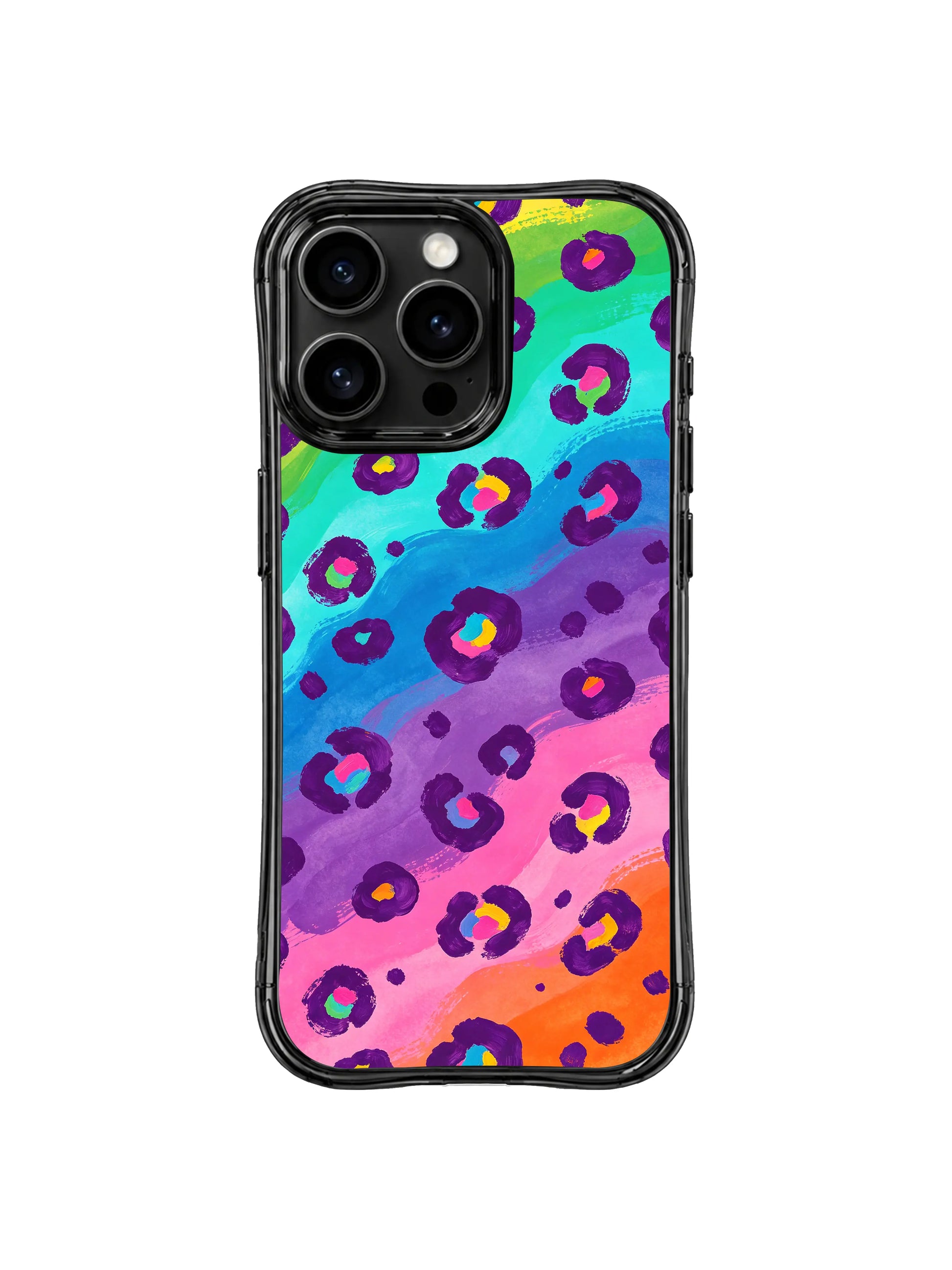 Candy-color wild leopard iPhone 14 Pro Case by PhoneCasing, bright rainbow gradient with deep purple rosettes, sweet and wild aesthetic for playful personal style
