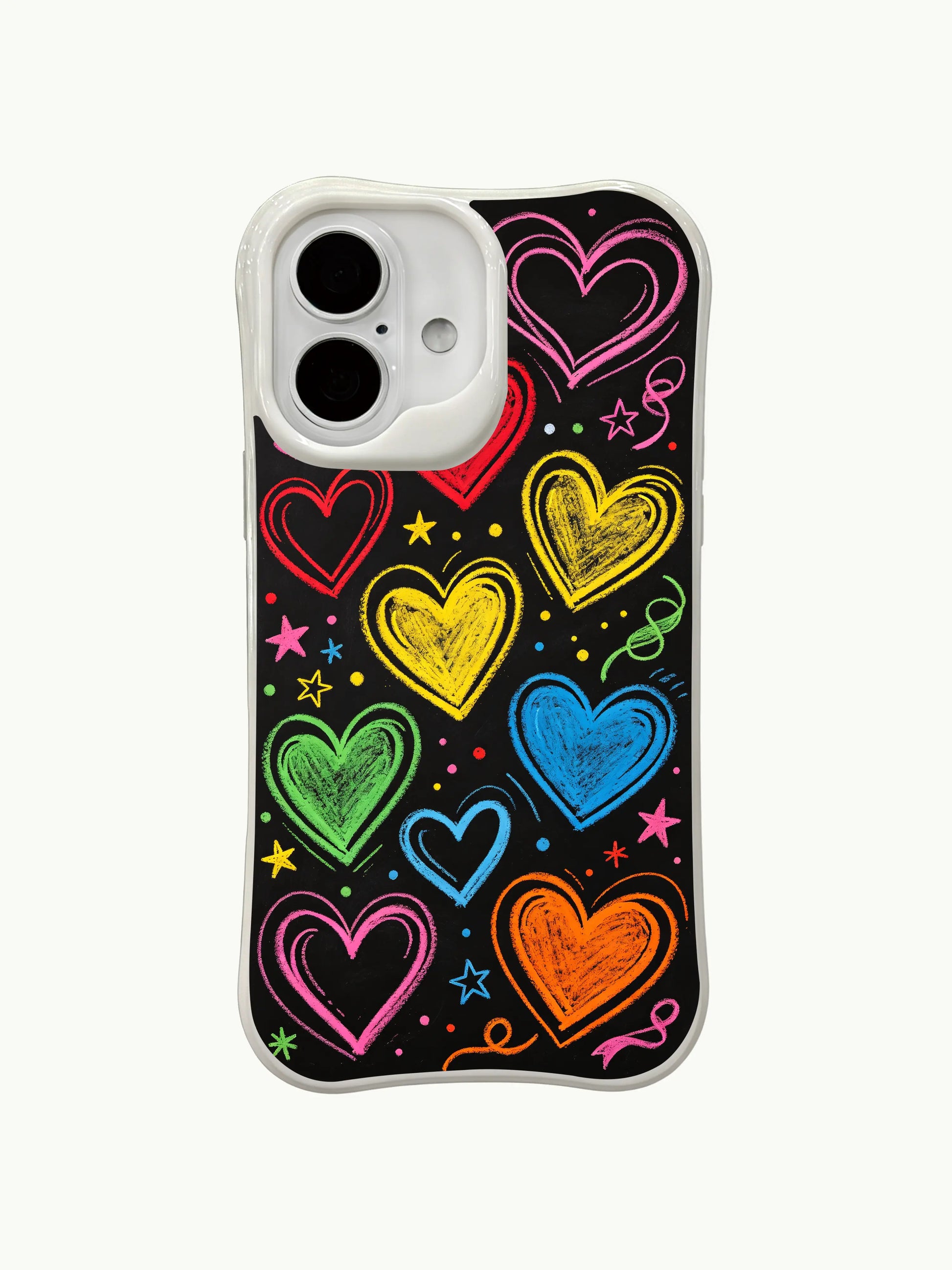  PhoneCasing Candy Heart Doodles Case for iPhone 16 Plus, a fun iPhone 16 plus casing with rainbow chalk hearts and star accents.