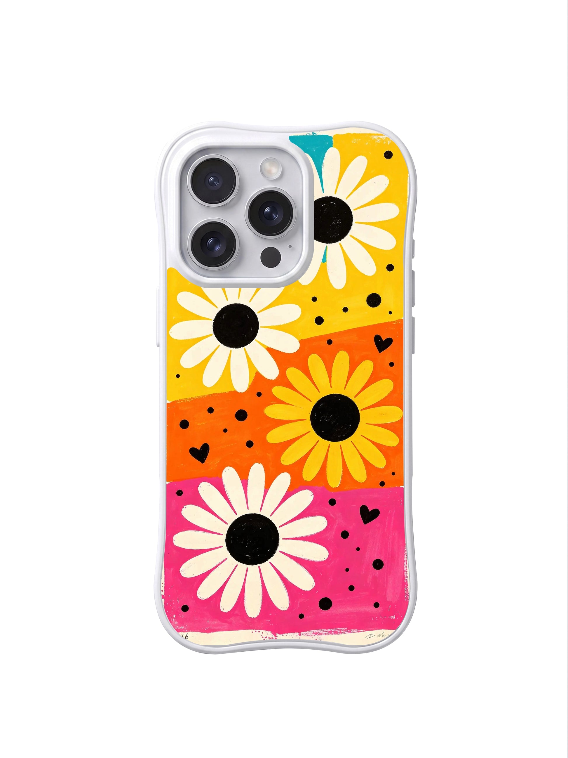 PhoneCasing iPhone 16 pro Case with tiny minimalist hand-doodled black heart accents across four candy color blocks, playful Ruby Daze Candy Riot Daisies floral design, stylish women’s wavy phone casing.