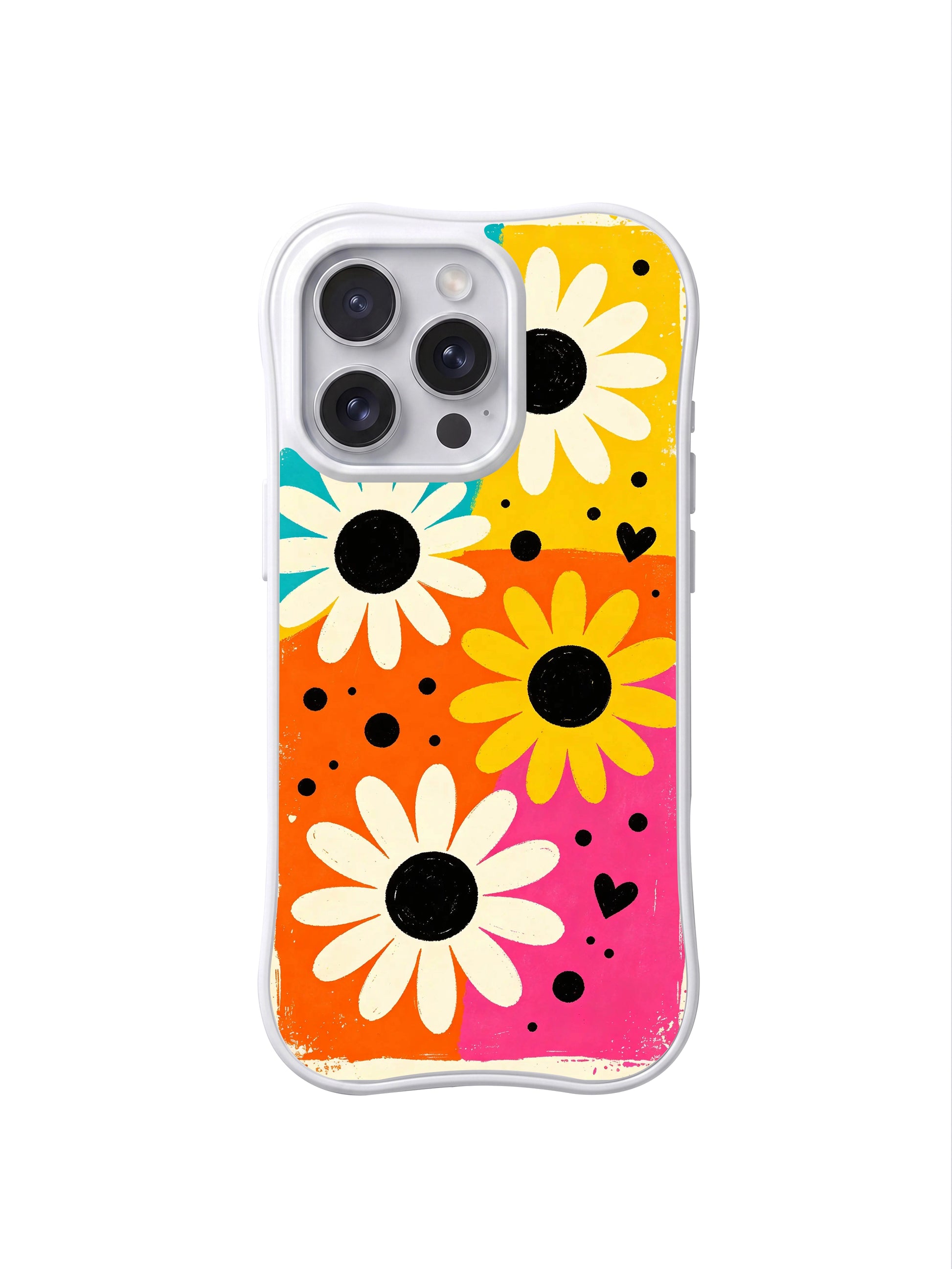 PhoneCasing iPhone 16 pro Case with playful sweet candy palette paired with edgy rock polka dot daisy artwork, Ruby Daze Candy Riot Daisies signature pop print, premium wearable wavy white floral casing.