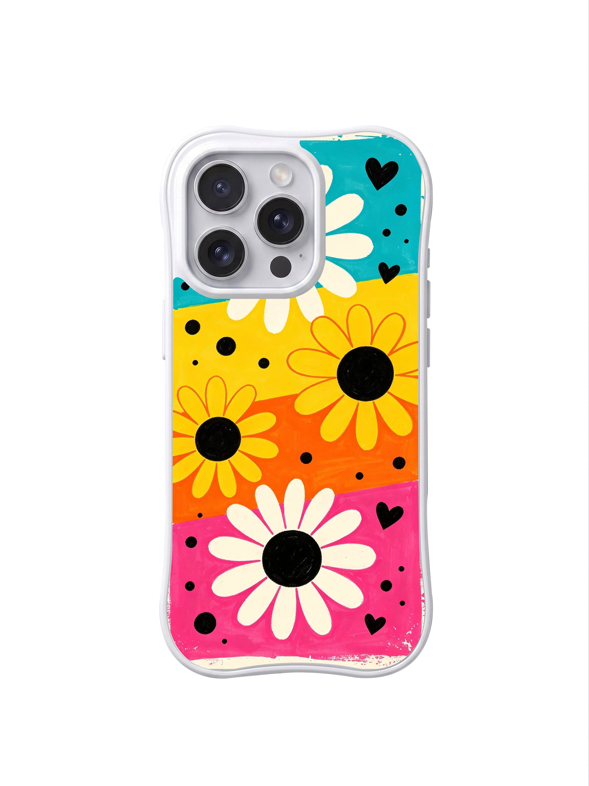PhoneCasing iPhone 16 pro Case with four bold candy color block segments, Ruby Daze Candy Riot Daisies hand-painted illustration, tough wavy premium phone casing.