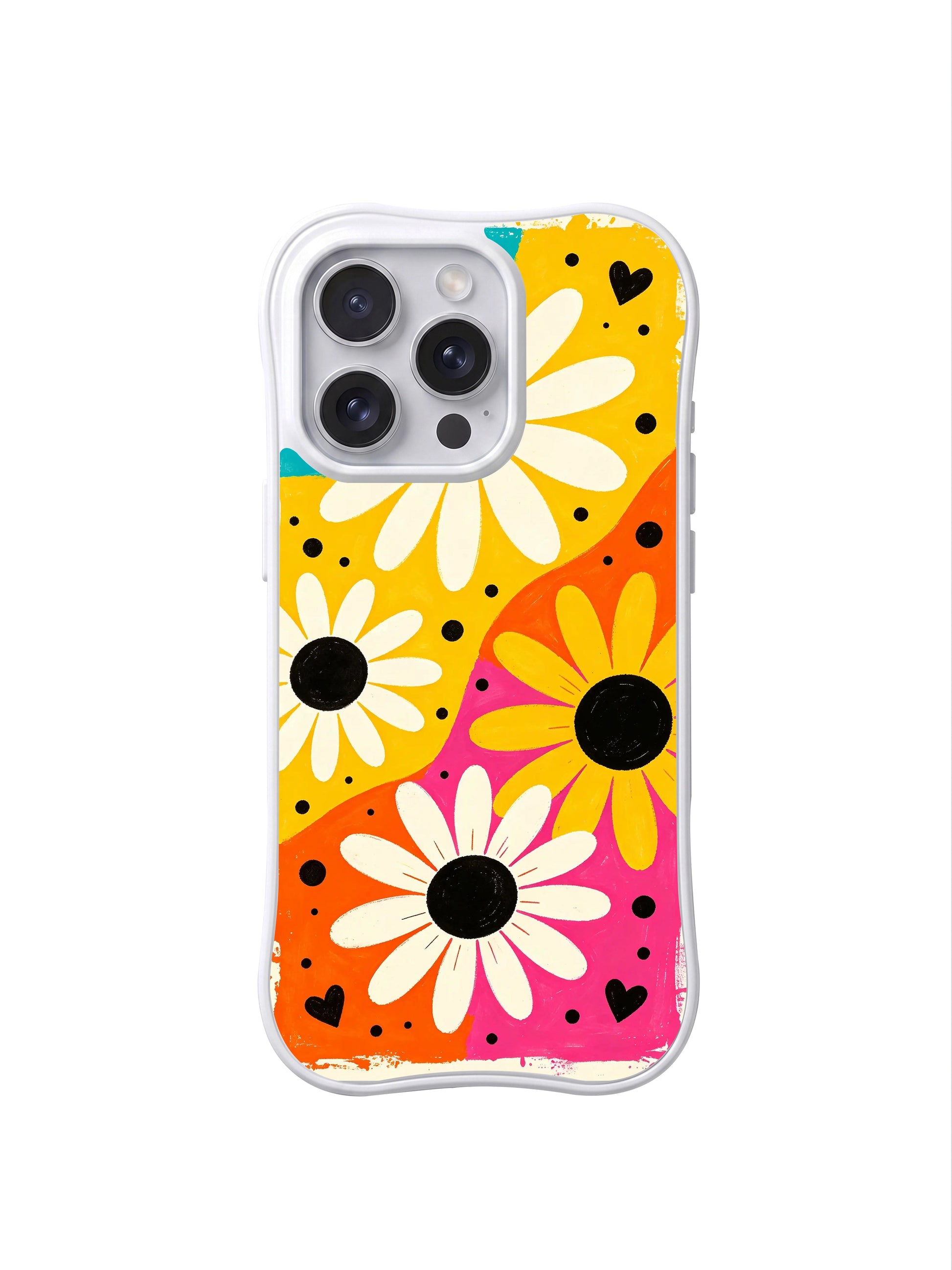 PhoneCasing iPhone 16 pro Case with bright exuberant candy block daisy graphics themed on freedom and unhidden confidence, Ruby Daze Daisy Love Riot printed wavy art casing.