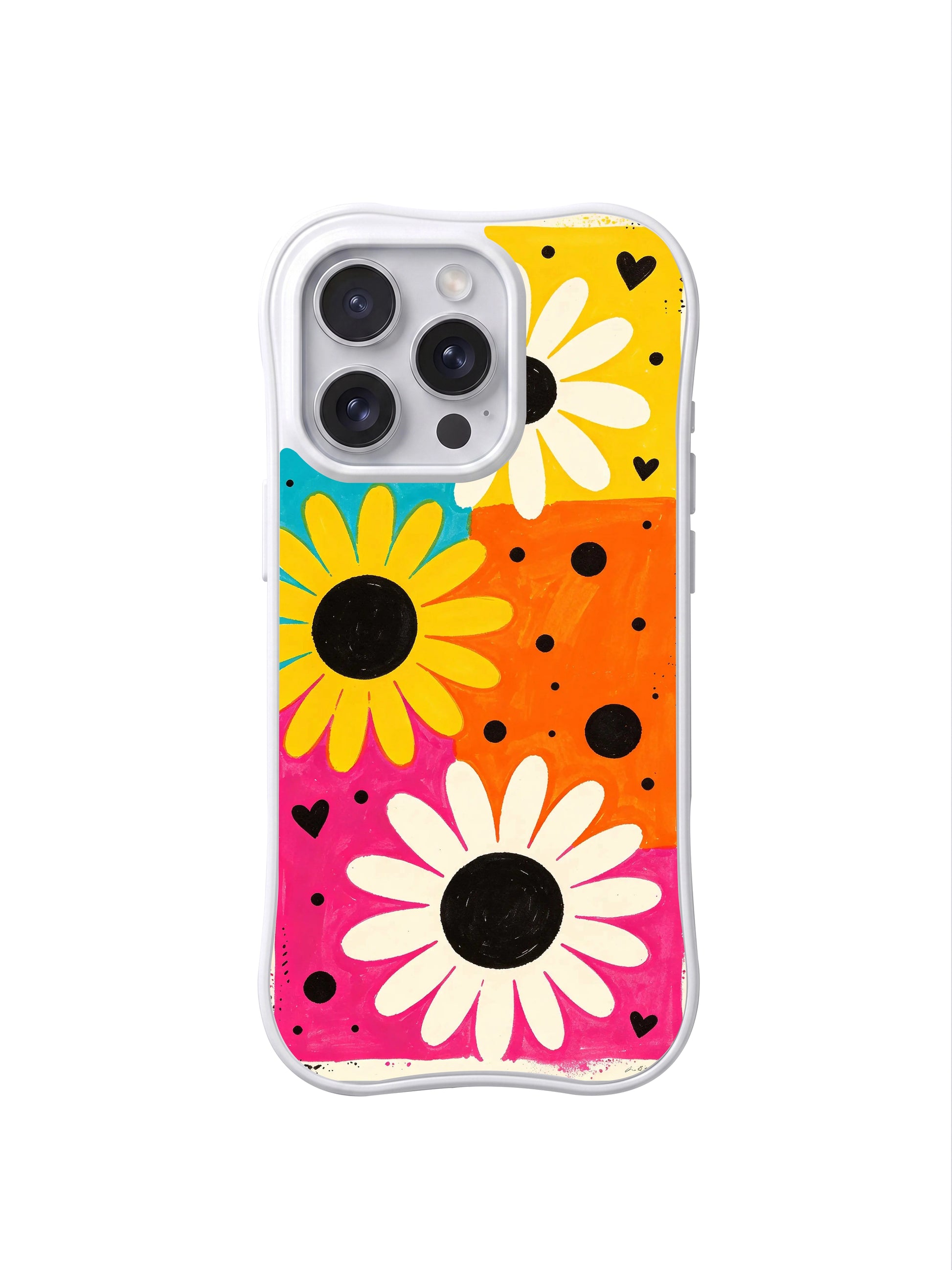 PhoneCasing iPhone 16 pro Case with soft imperfect organic hand-drawn outlines around daisy petals, Ruby Daze handmade candy pop art, gallery-grade wavy print casing.