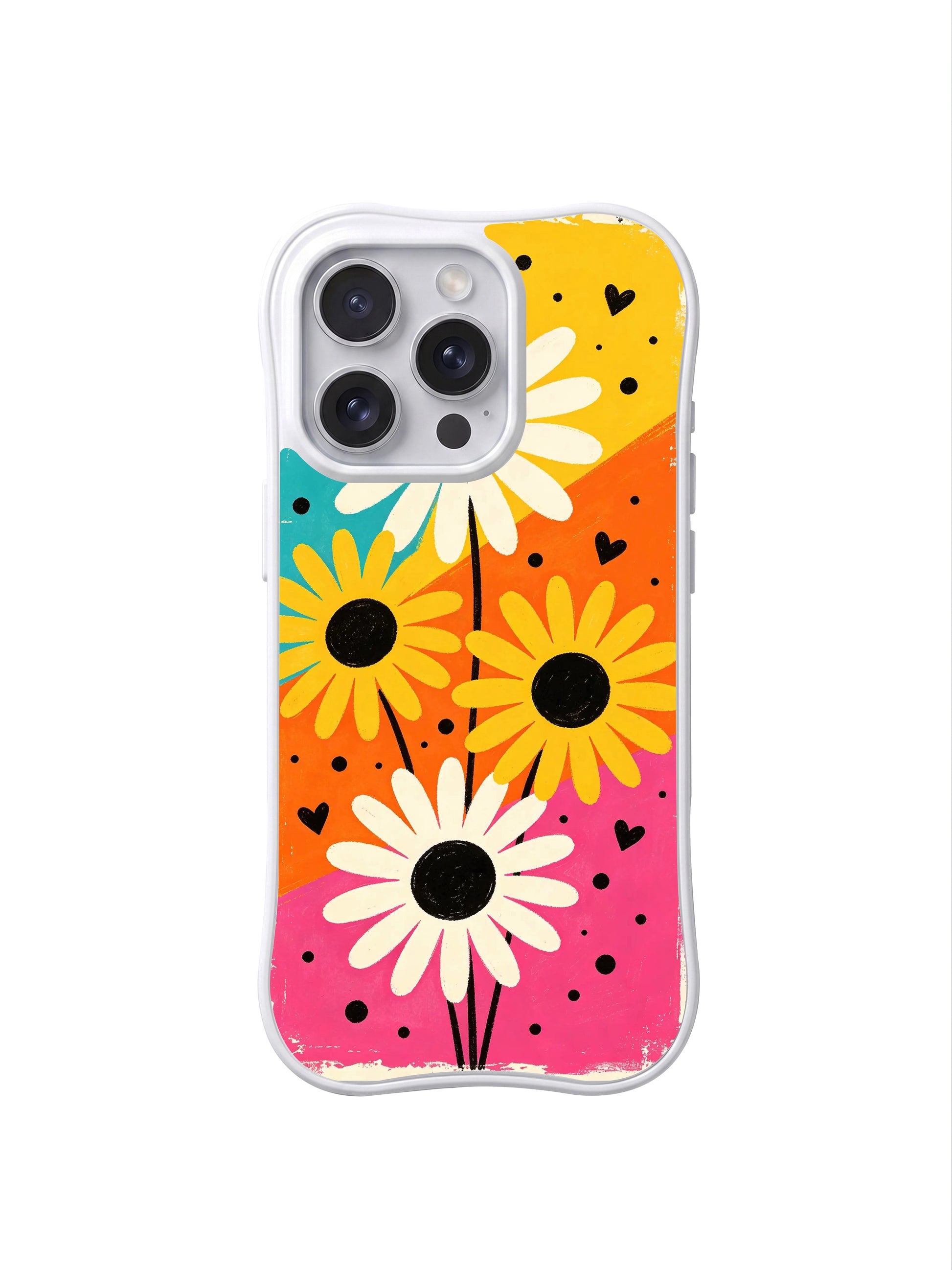 PhoneCasing iPhone 16 pro Case featuring large stage spotlight cream and golden daisies from Ruby Daze Candy Riot Daisies, wavy white frame premium art casing for iPhone 16 pro.