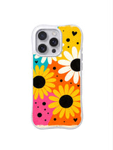 PhoneCasing iPhone 16 pro Case with scattered rock-and-roll black polka dots and mini heart doodles, Ruby Daze bright candy daisy pop art, scratch-resistant wavy casing.