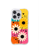 PhoneCasing iPhone 16 pro Case with festival street poster style candy color block daisy composition, exclusive Ruby Daze artist collab design, heavy-duty wavy white protective art case.