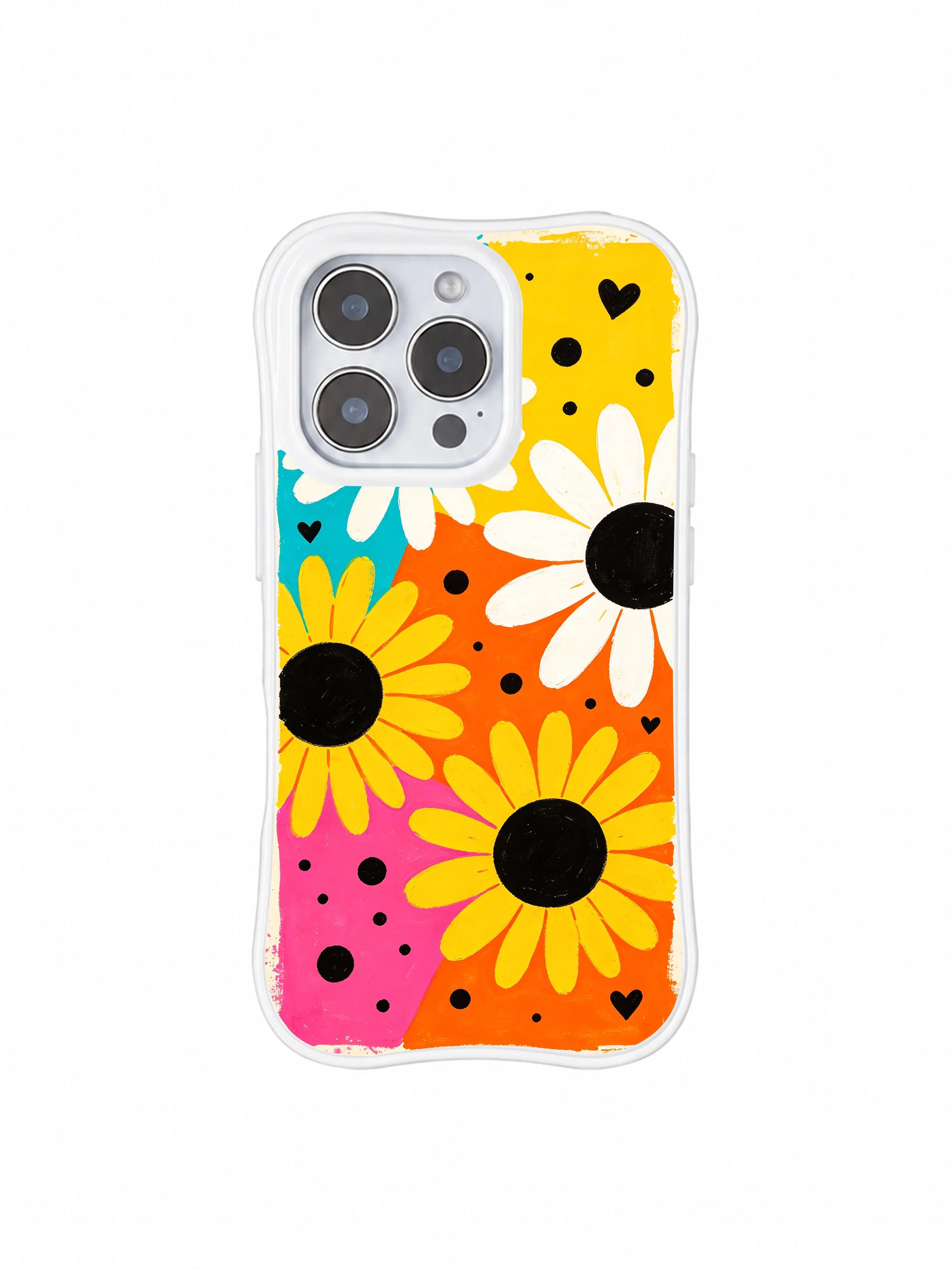 PhoneCasing iPhone 16 pro Case with festival street poster style candy color block daisy composition, exclusive Ruby Daze artist collab design, heavy-duty wavy white protective art case.