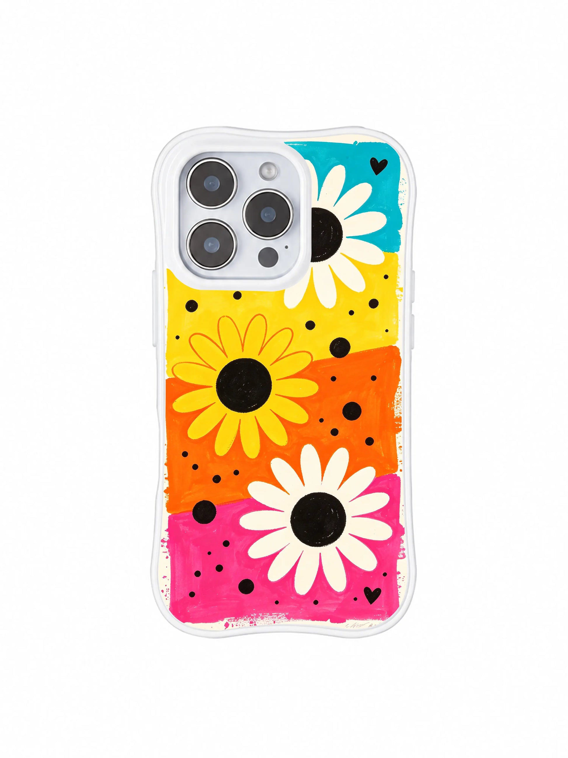 PhoneCasing iPhone 16 pro Case with four bold candy color block segments, Ruby Daze Candy Riot Daisies hand-painted illustration, tough wavy premium phone casing.