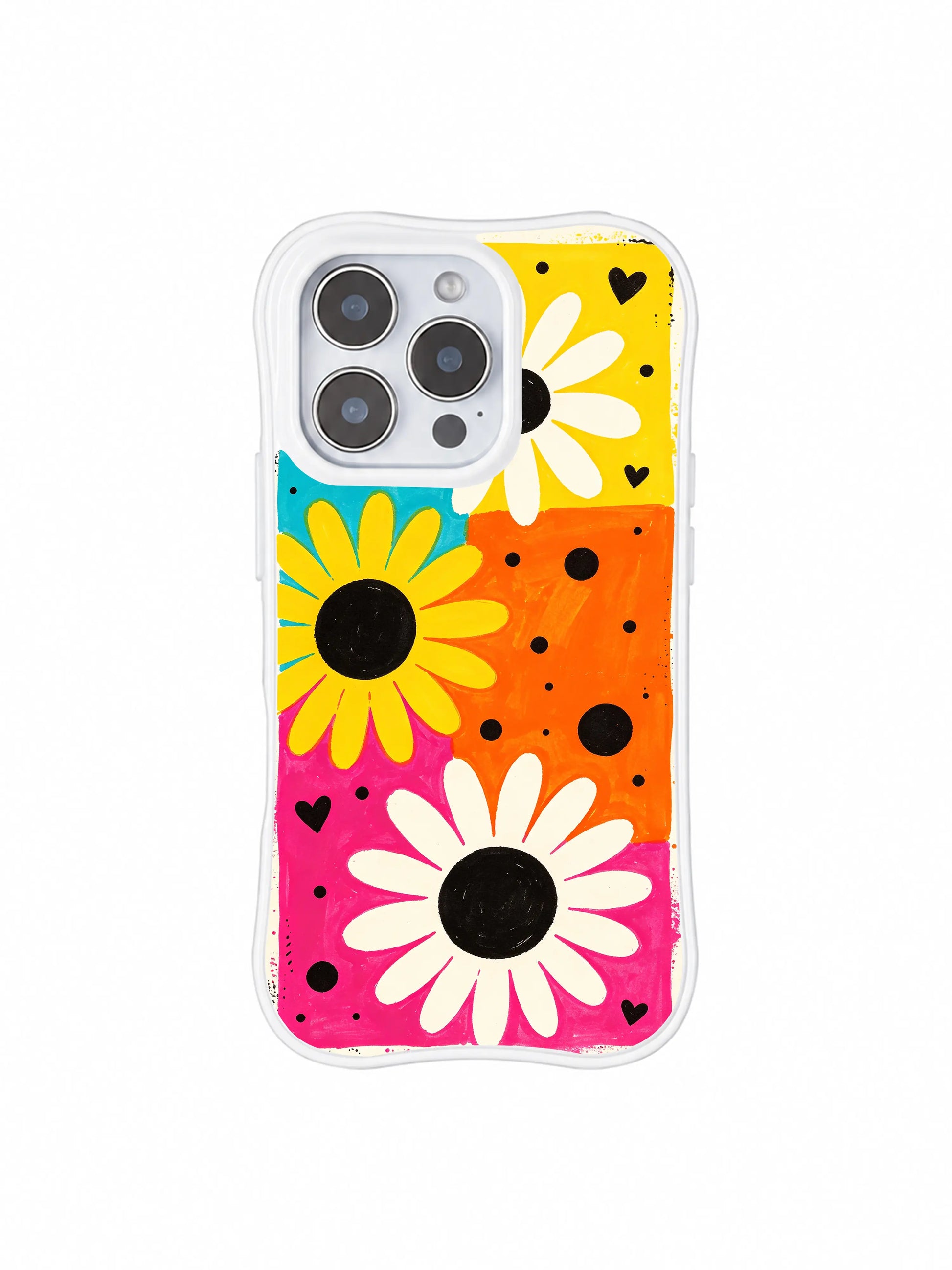 PhoneCasing iPhone 16 pro Case with bright exuberant candy block daisy graphics themed on freedom and unhidden confidence, Ruby Daze Daisy Love Riot printed wavy art casing.