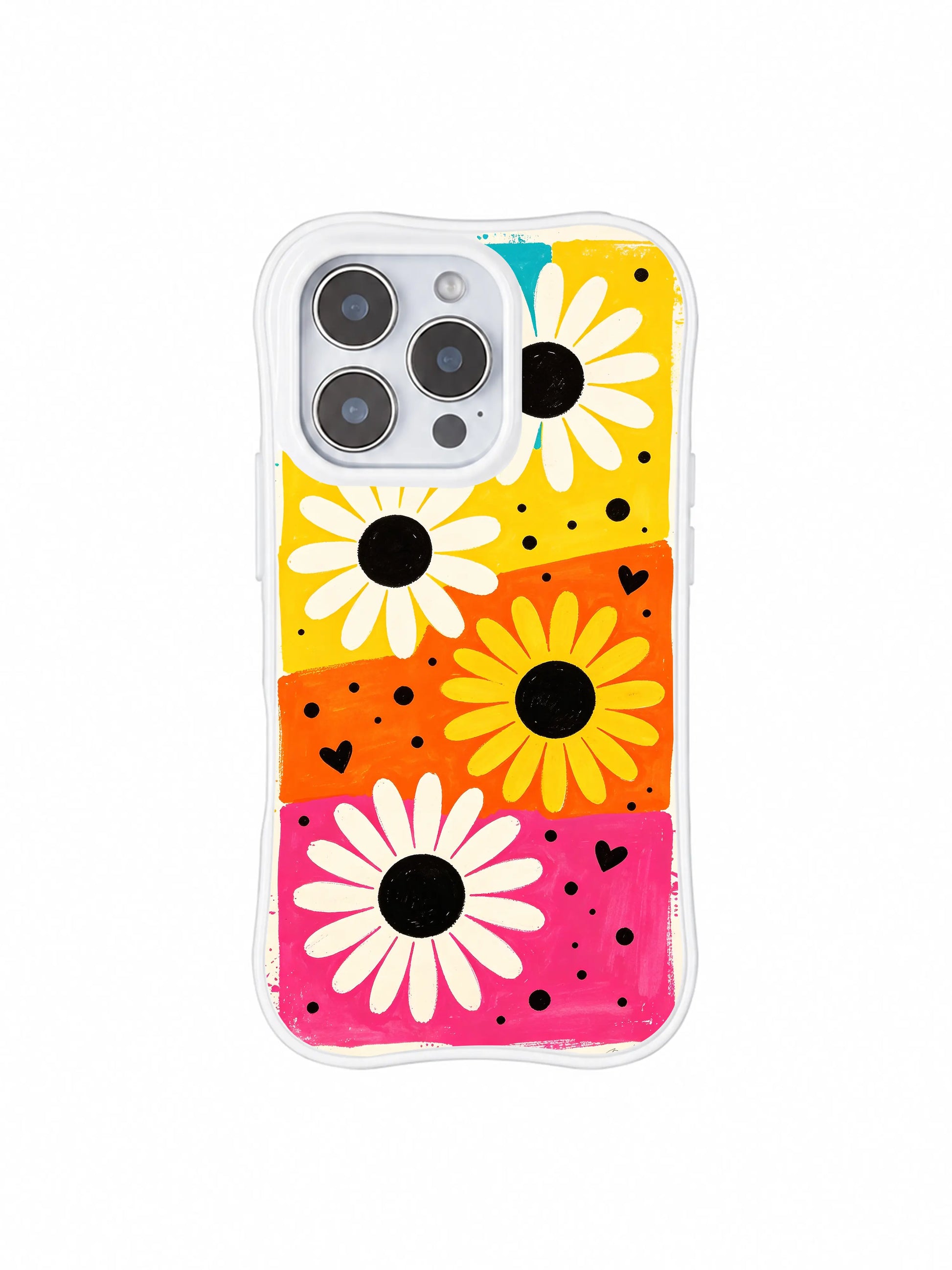 PhoneCasing iPhone 16 pro Case with full-bleed layered candy block daisy and dot heart layout, Ruby Daze bold upbeat pop design, slim lightweight wavy premium case.