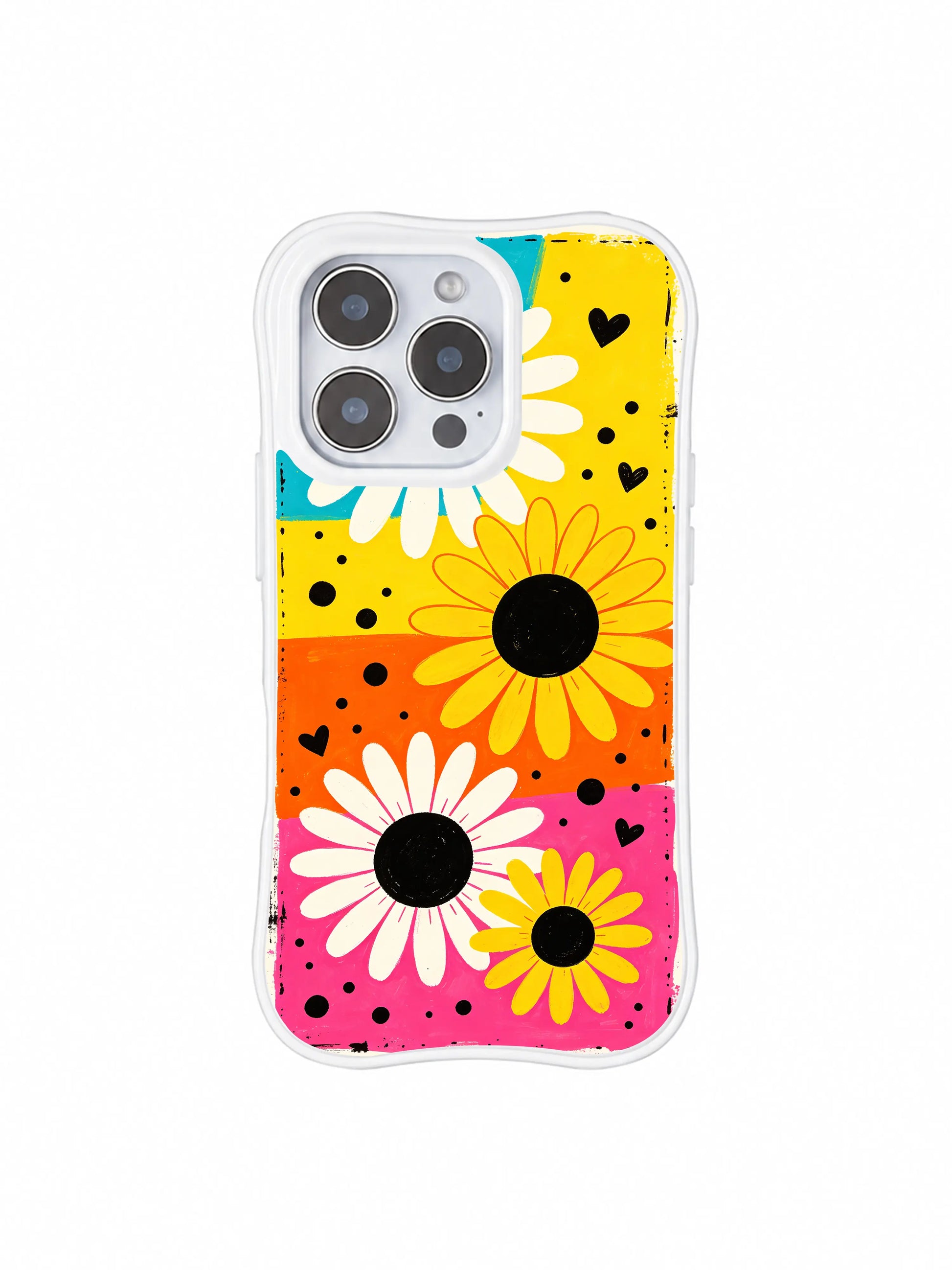 PhoneCasing iPhone 16 pro Case with tiny minimalist hand-doodled black heart accents across four candy color blocks, playful Ruby Daze Candy Riot Daisies floral design, stylish women’s wavy phone casing.