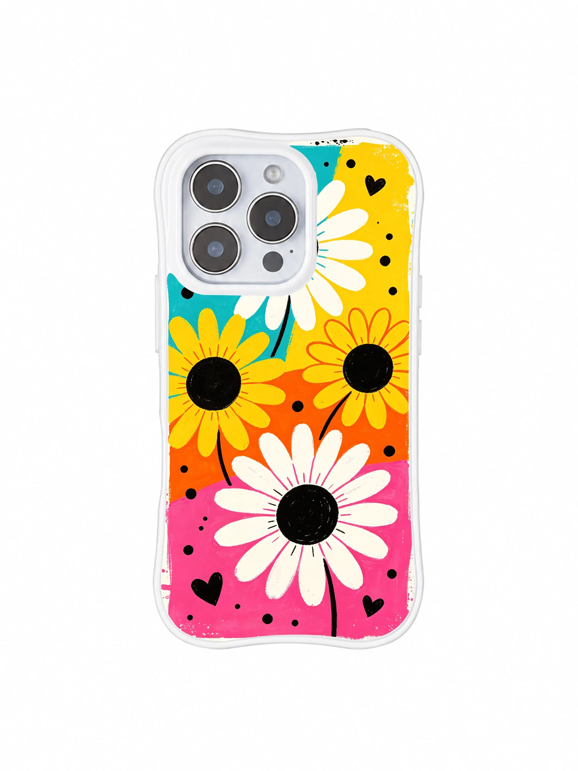PhoneCasing iPhone 16 pro Case with soft imperfect organic hand-drawn outlines around daisy petals, Ruby Daze handmade candy pop art, gallery-grade wavy print casing.
