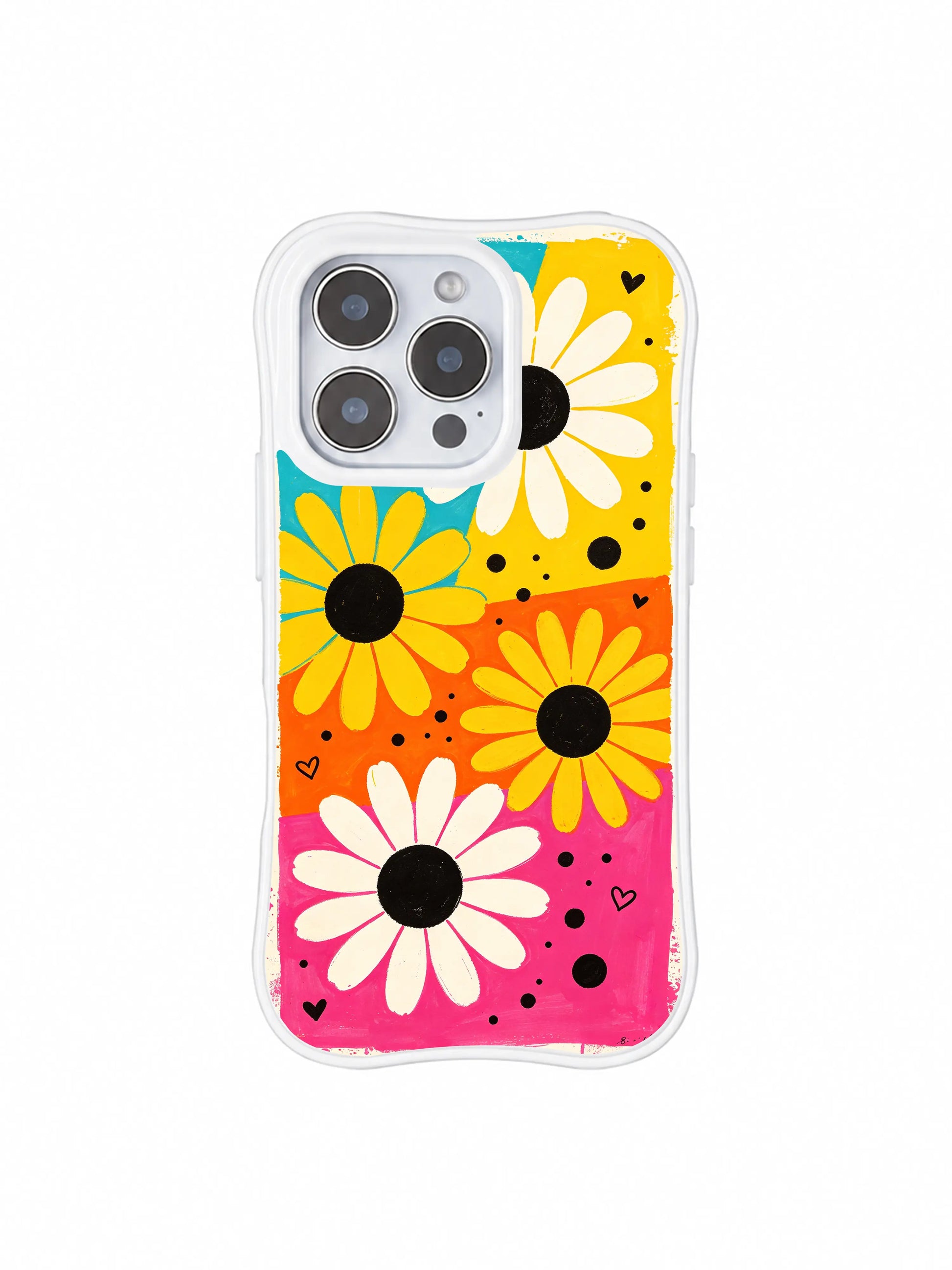 PhoneCasing iPhone 16 pro Case featuring large stage spotlight cream and golden daisies from Ruby Daze Candy Riot Daisies, wavy white frame premium art casing for iPhone 16 pro.