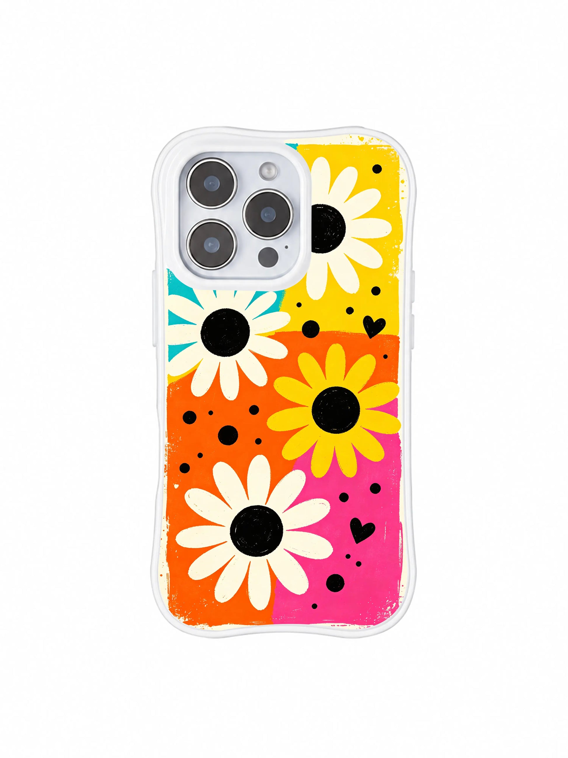 PhoneCasing iPhone 16 pro Case with scattered rock-and-roll black polka dots and mini heart doodles, Ruby Daze bright candy daisy pop art, scratch-resistant wavy casing.