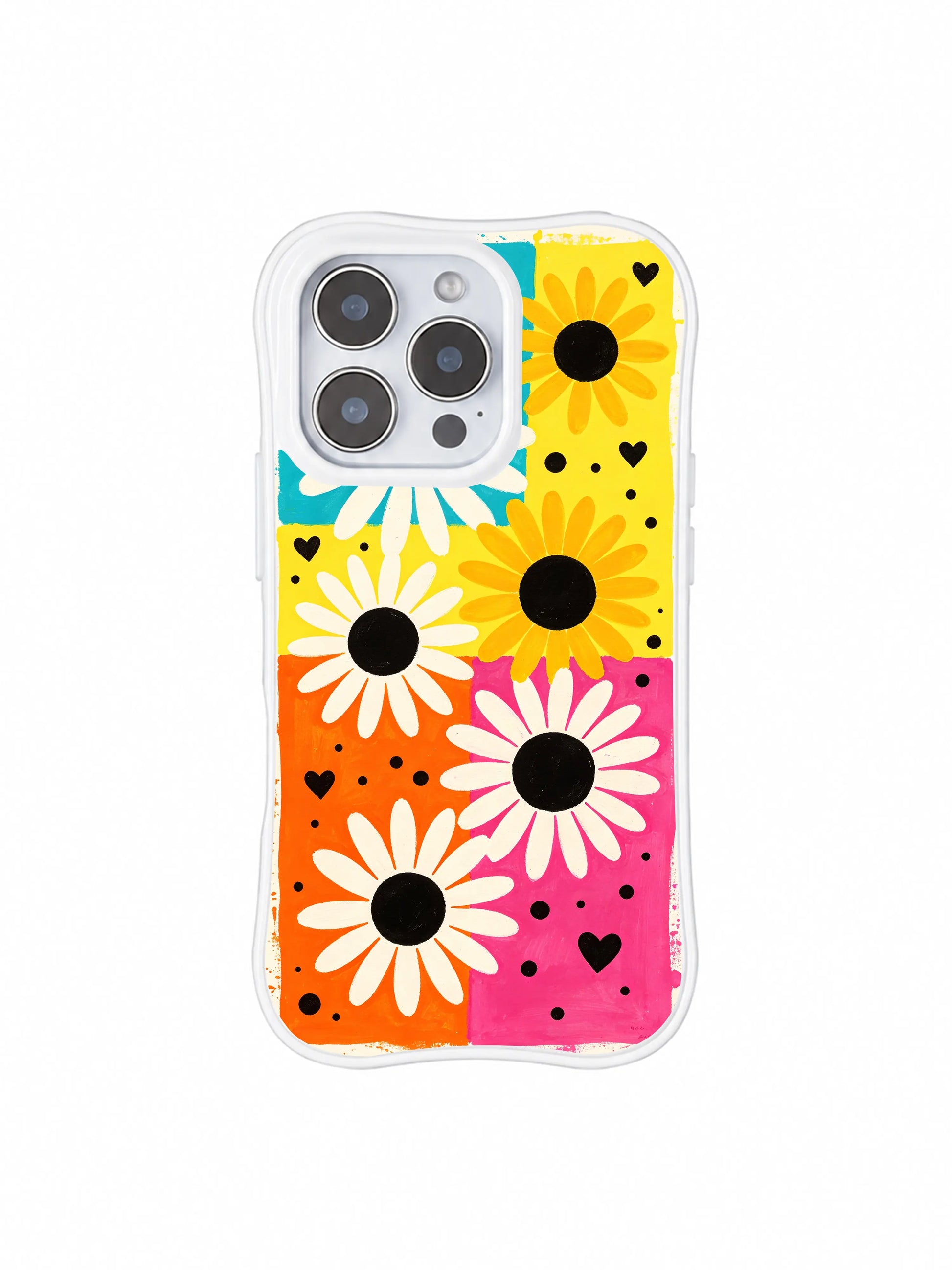 PhoneCasing iPhone 16 pro Case with playful sweet candy palette paired with edgy rock polka dot daisy artwork, Ruby Daze Candy Riot Daisies signature pop print, premium wearable wavy white floral casing.
