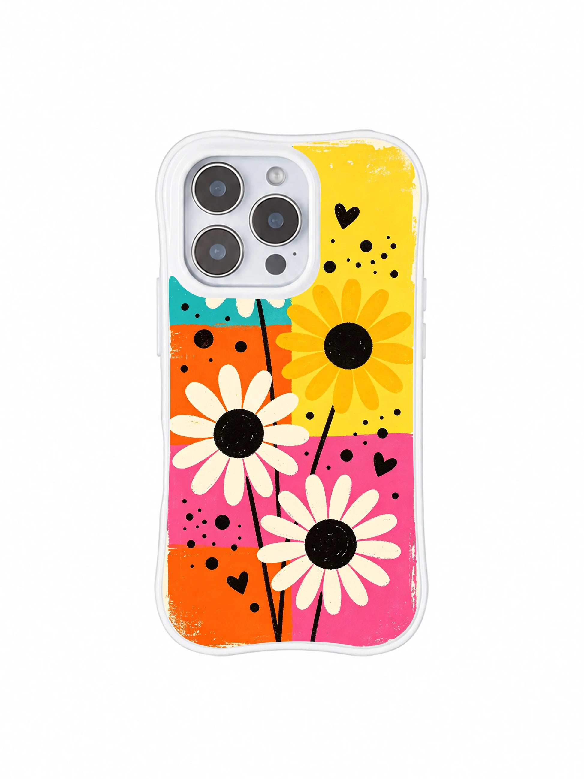 PhoneCasing iPhone 16 pro Case with raw uneven hand-painted brush edges on every candy color block, exclusive Ruby Daze Candy Riot Daisies wearable wavy frame art.