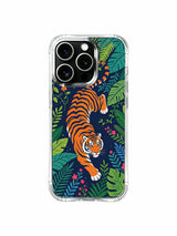 Canopy-diving wild Bengal tiger sliding through winding jungle vines iPhone 13 pro Case by PhoneCasing, warm tropical blossom accent art phone cover, limited-run lightweight protective casing