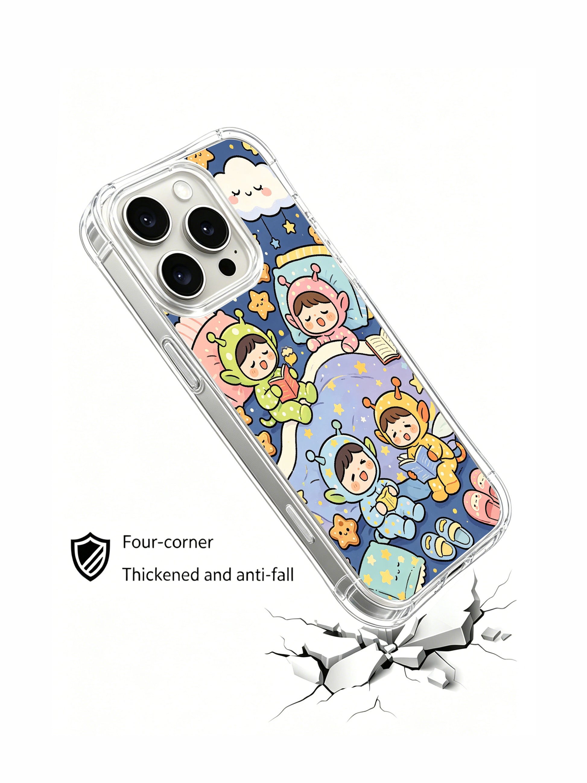PhoneCasing iPhone 16 pro Case with cartoon alien kids pajama party illustration, exclusive Milo Yun design, California-crafted premium phone cover.
